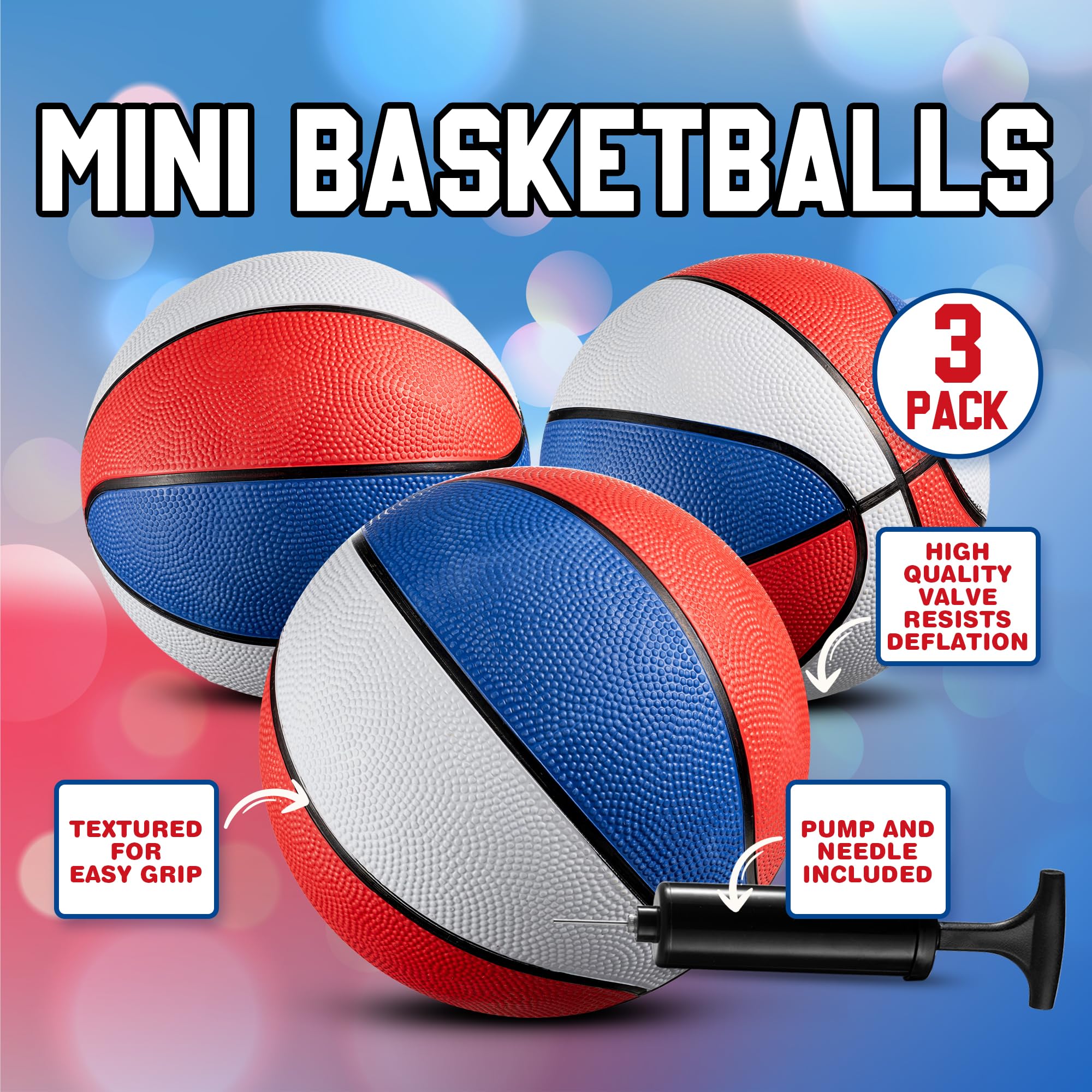 Bedwina Mini Rubber Basketball Balls for Kids - (Pack of 3) 7 Inch, Size 3 - Pool Basketball Hoop Set, Outdoor & Indoor Small Hoops Carnivals, Game Prizes
