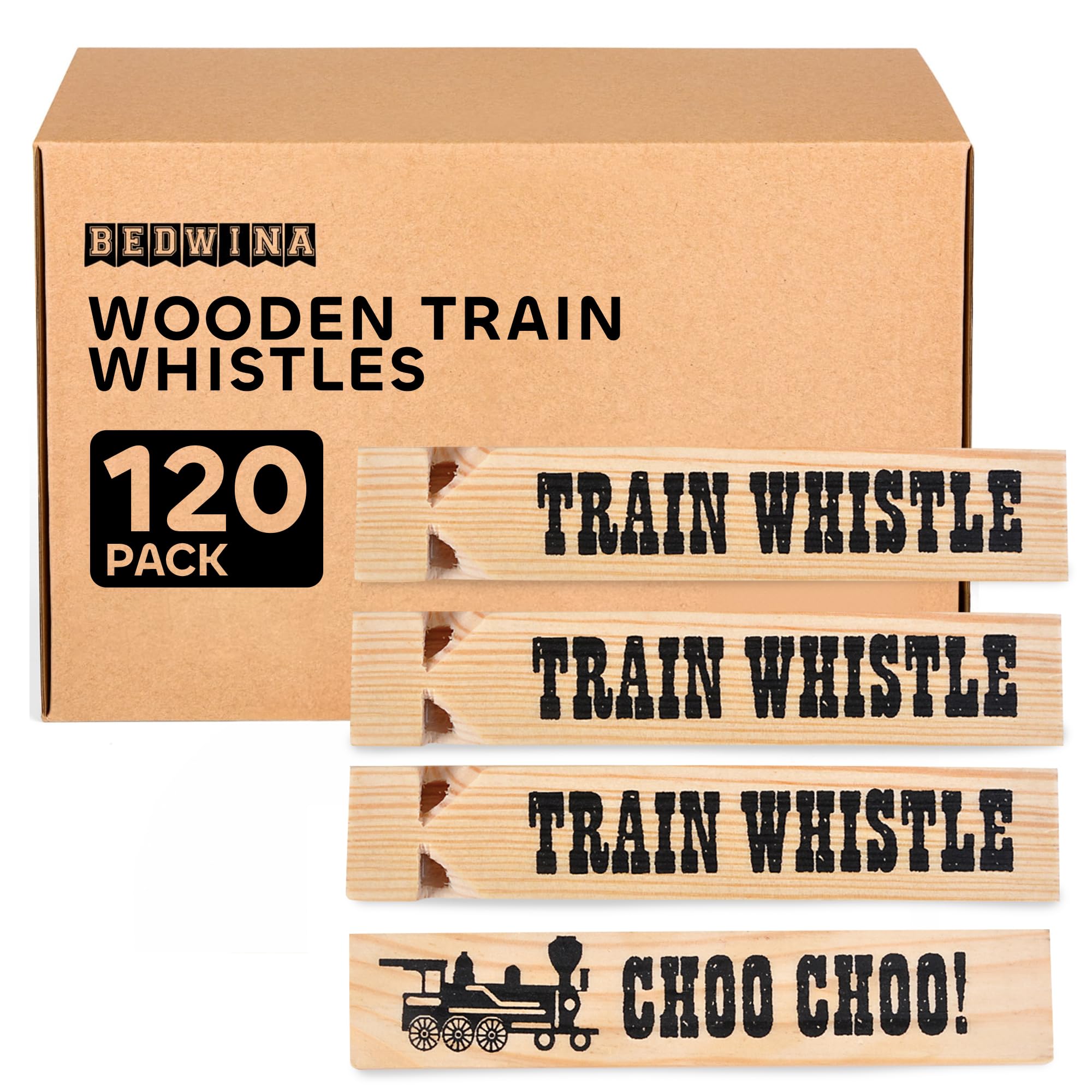 Wooden Train Whistles - Wood Train Whistle for Kids, Train Party Favors, Theme Birthday Decorations, Noisemakers, Goodie Bag Filler, Small Game Prizes, Stocking Stuffers