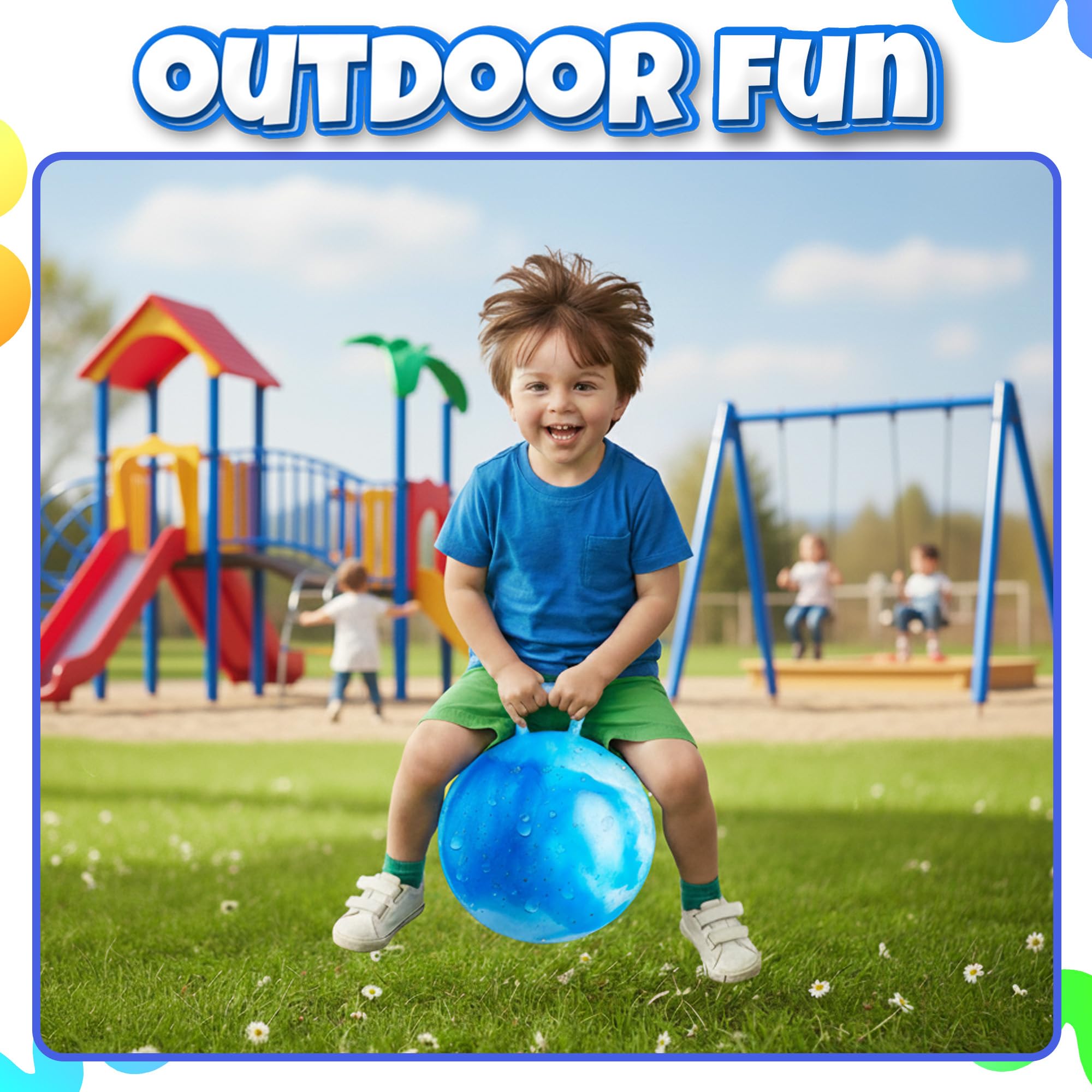 Bedwina Hopper Ball with Handle for Kids 18-inch (45cm) Bouncy Balls for Kids, Jumping Kangaroo Hippity Hop, Hopping Sit and Spin with Handle with Hand Pump, Marble Blue & White