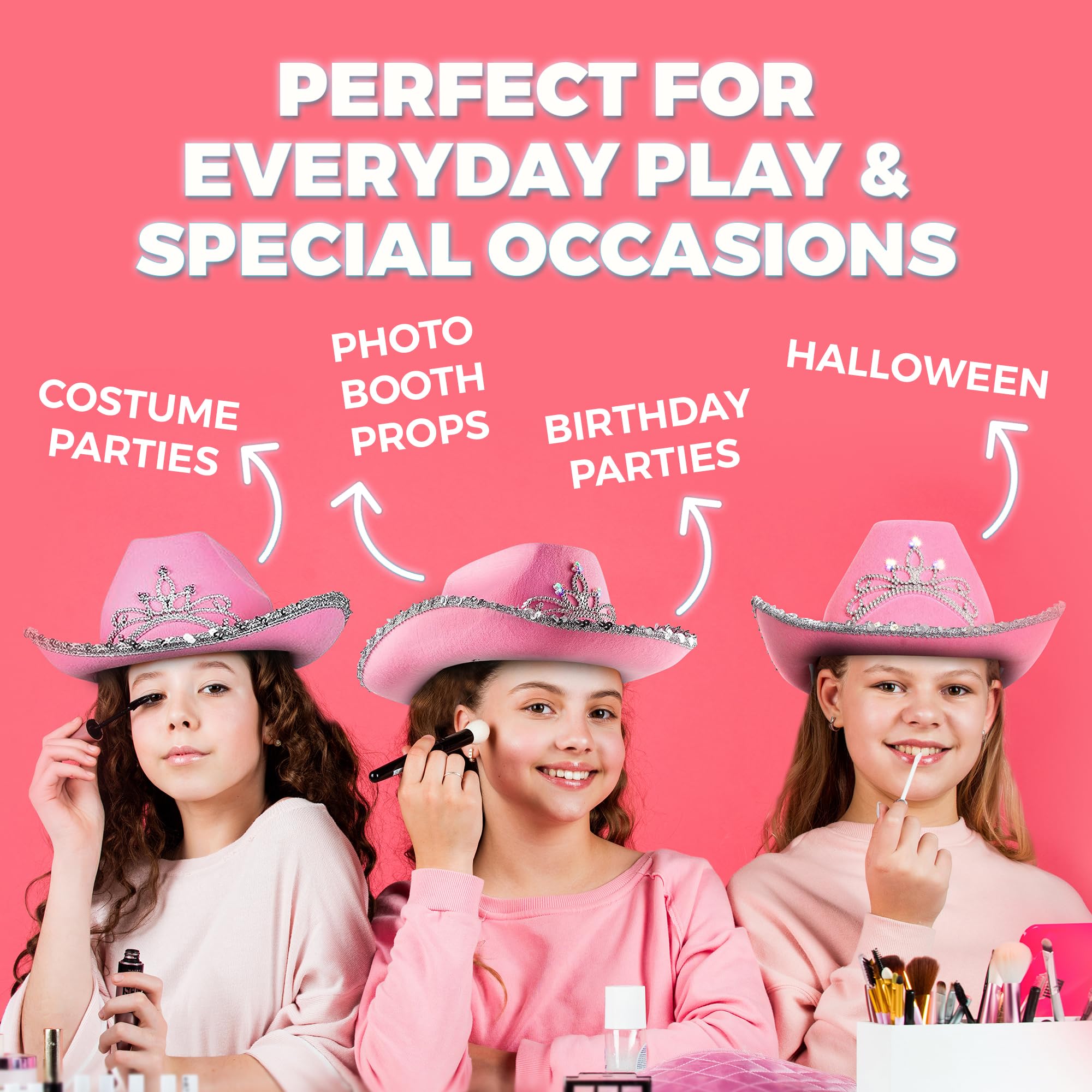 Light Up Pink Cowgirl Hat for Girls - (Pack of 2) Kids Cowboy Hat with Blinking Tiara Sequin Trim Fringe and Drawstring, Felt Girls Pink Cowboy Hat Costume Party Accessory, Dress-Up, 6x7-Inch