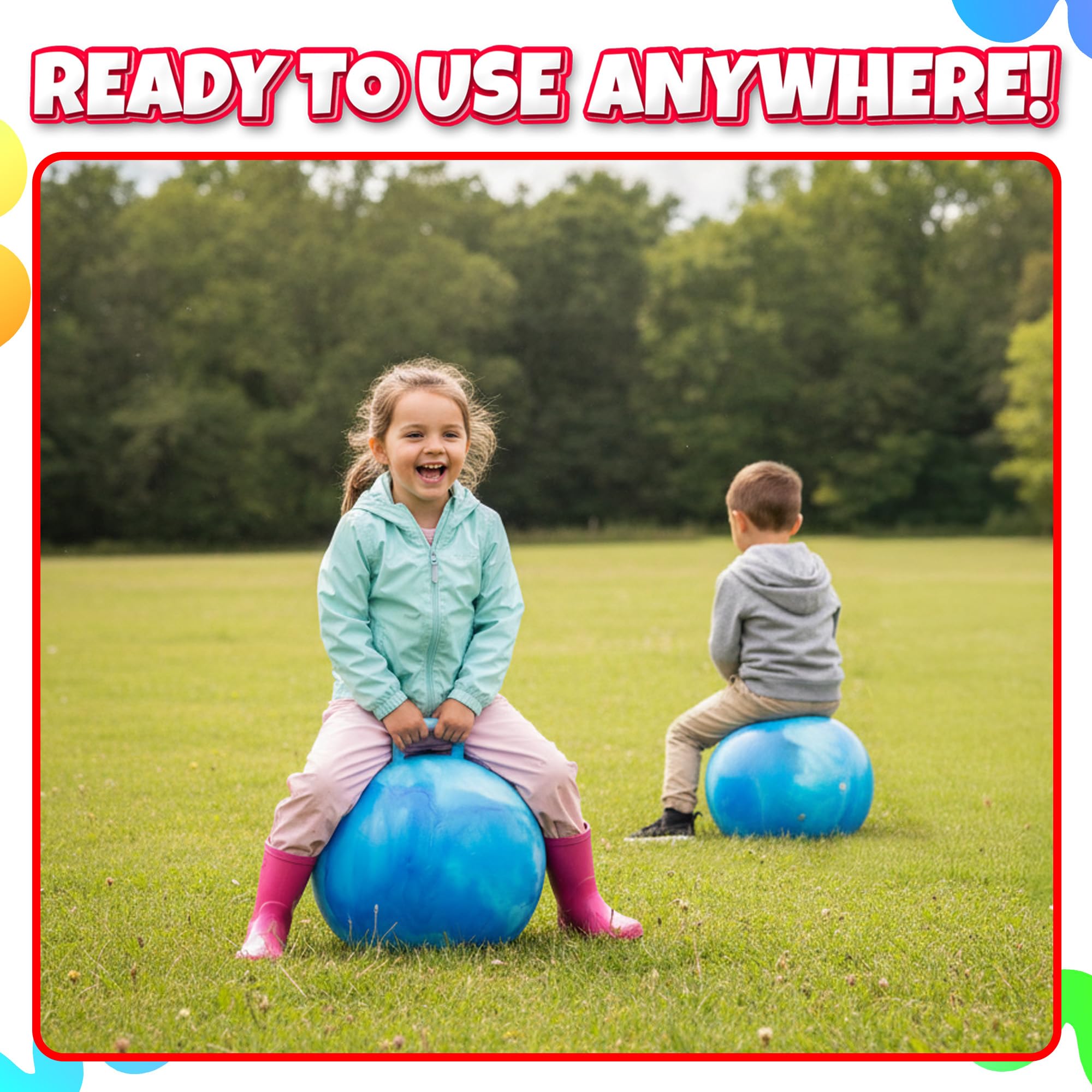 Bedwina Hopper Ball with Handle for Kids 18-inch (45cm) Bouncy Balls for Kids, Jumping Kangaroo Hippity Hop, Hopping Sit and Spin with Handle with Hand Pump, Marble Blue & White
