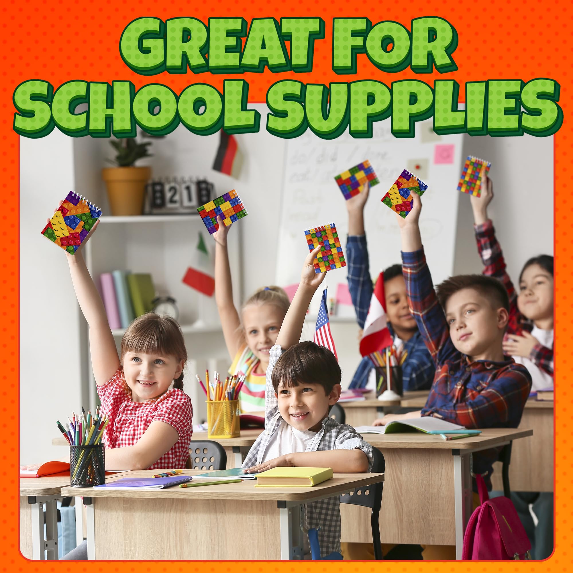 Mini Building Block Notebooks (Bulk of 64) Spiral Notepads In Assorted Brick Styles, Mini Notebook For Kids Pocket Size, For Birthday Party Favors, Goodie Bag Stuffers, Children Classroom Rewards