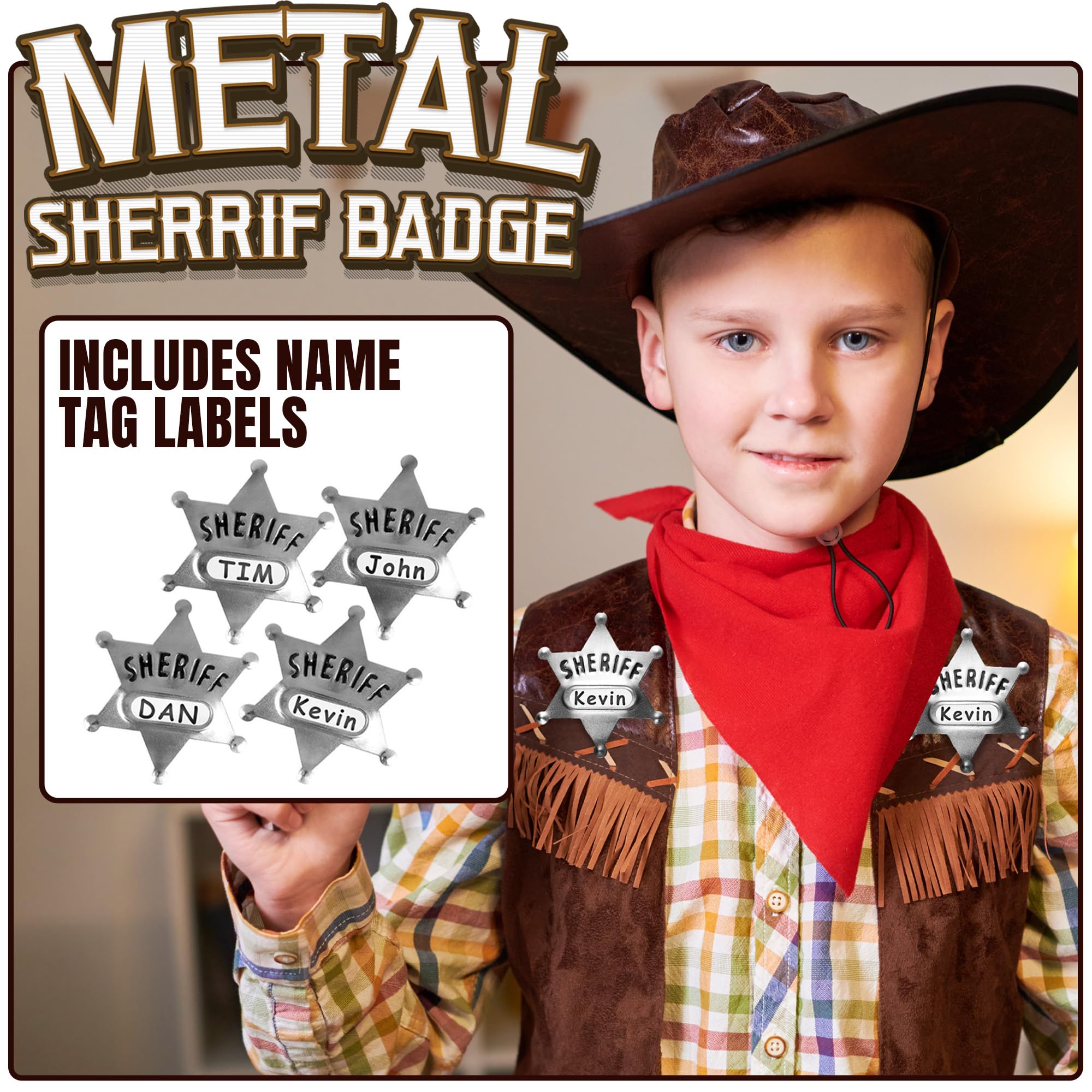 Bedwina Metal Sheriff Badges - (Pack of 24) Silver Star Name Badges with Stickers for Personalized Names, Western Cowboy Dress Up Deputy's Badge Toys for Kids Birthday Party Favors, Giveaways & More