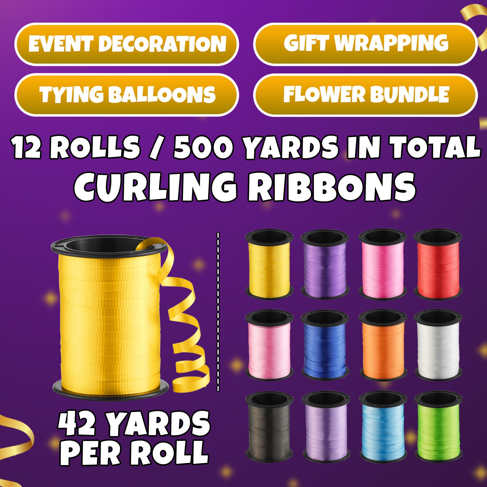 12-Rolls Curling Ribbon for Gift Wrapping - 3/16in x 125 Feet Per Roll - Curling Balloon String Ribbon Set for Presents, Bows, DIY Arts & Crafts, Wedding, Happy Birthday Decorations, Assorted Colors
