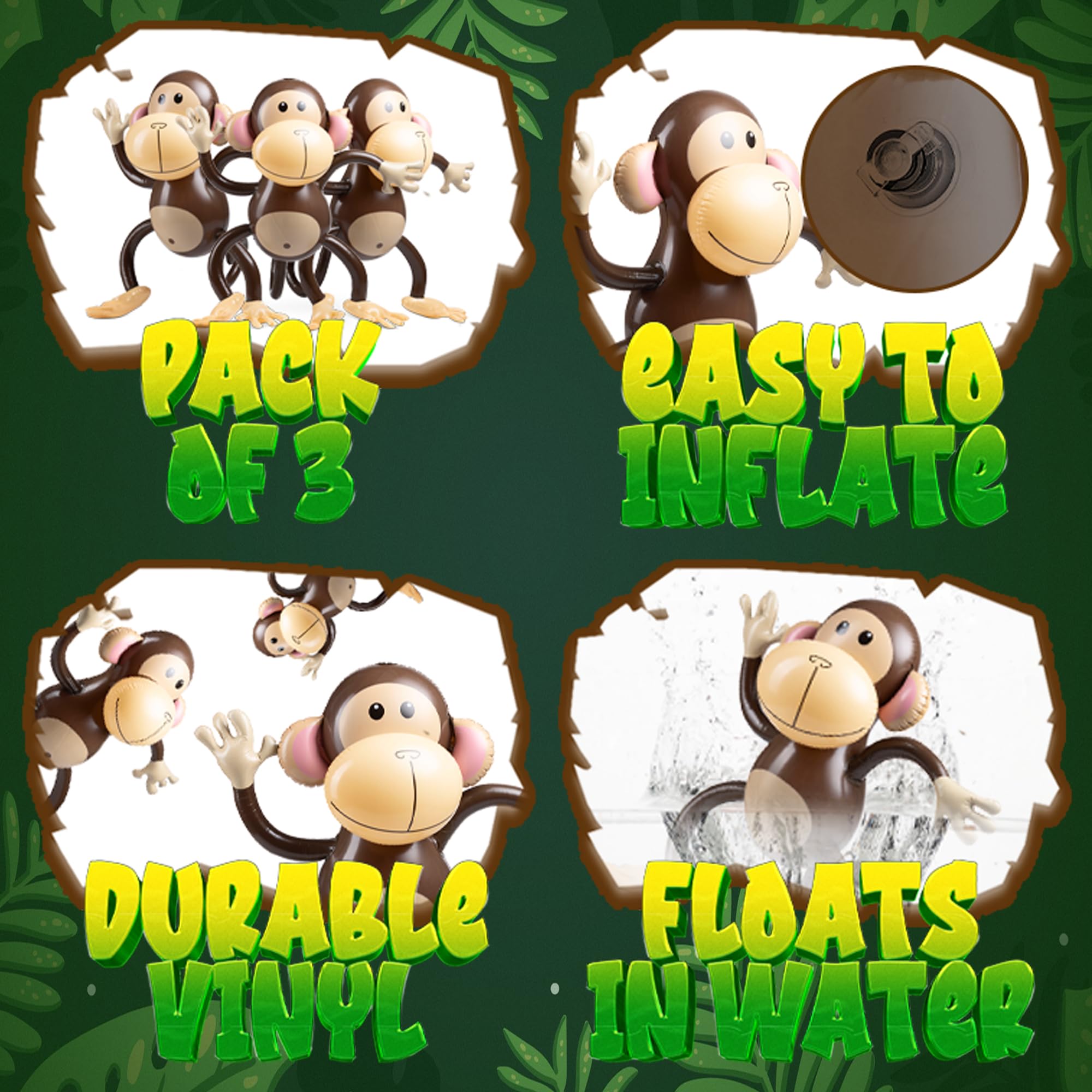 Large Inflatable Monkey (Pack of 3) 27-Inch Monkeys for Baby Shower, Safari, Jungle Themed Birthdays, Blow Up Animal Party Favors and Decorations for Kids and Toddlers