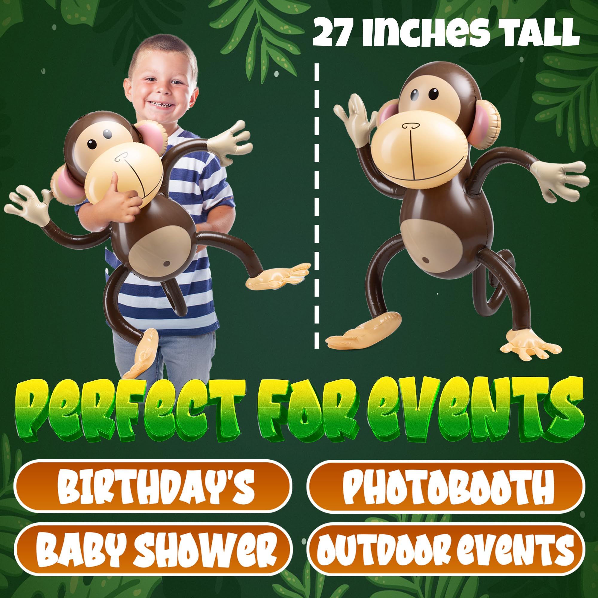 Large Inflatable Monkey (Pack of 6) 27-Inch Monkeys for Baby Shower, Safari, Jungle Themed Birthdays, Blow Up Animal Party Favors and Decorations for Kids and Toddlers