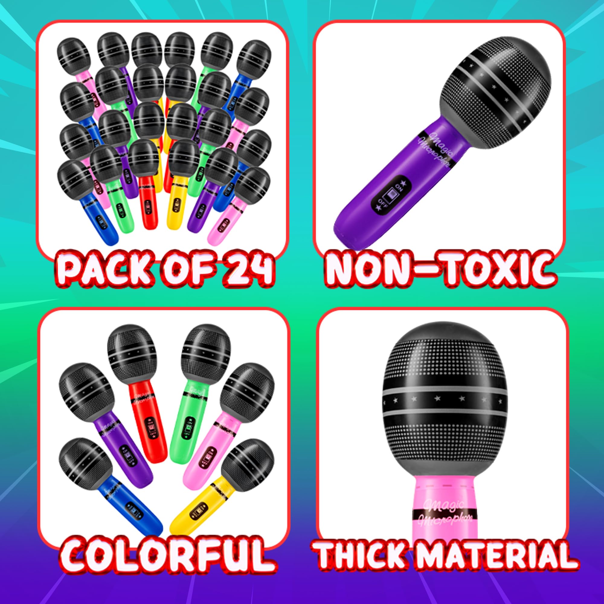 Inflatable Microphones for Parties - (Pack of 24) 10-inch Neon Colors Blow Up Microphone for Kids & Adults, Party Favors, Giveaways, DJ-Props, Photo-Booth, Birthdays, Dance, Sing, Concert Decorations