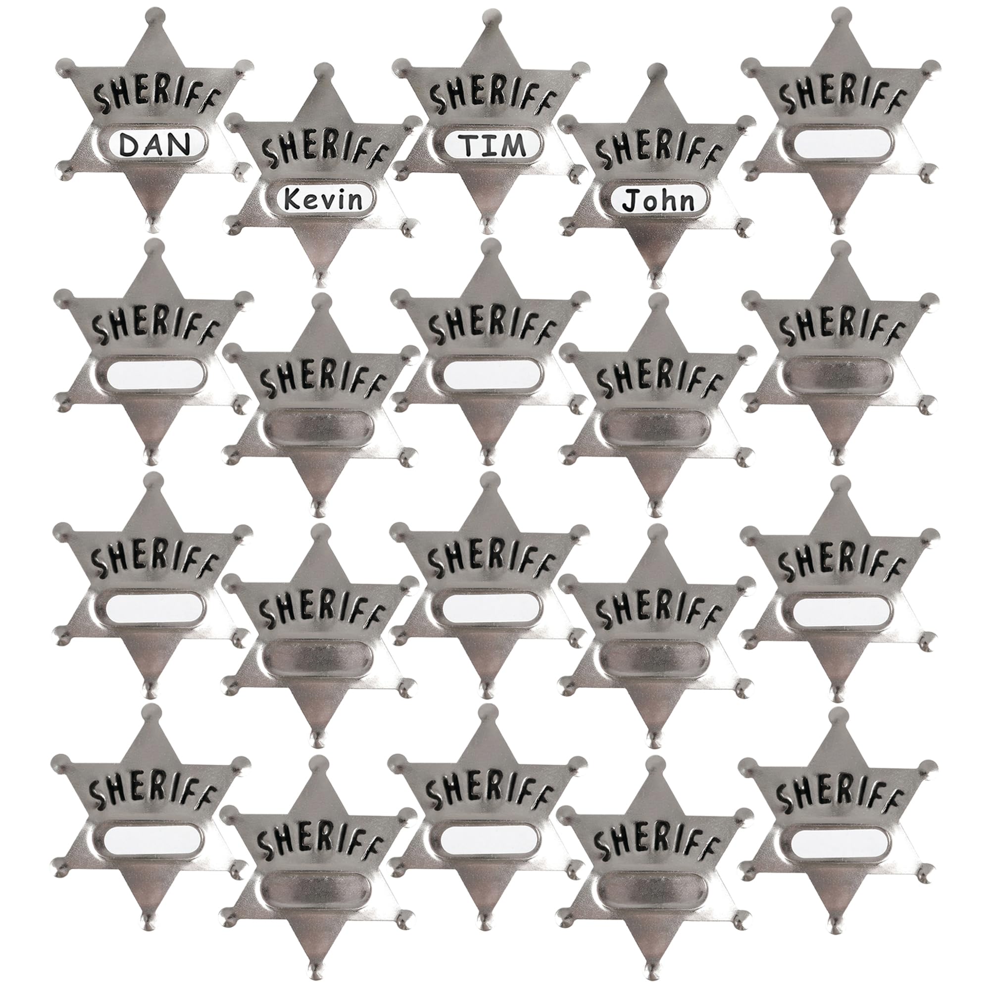 Bedwina Metal Sheriff Badges - (Pack of 24) Silver Star Name Badges with Stickers for Personalized Names, Western Cowboy Dress Up Deputy's Badge Toys for Kids Birthday Party Favors, Giveaways & More