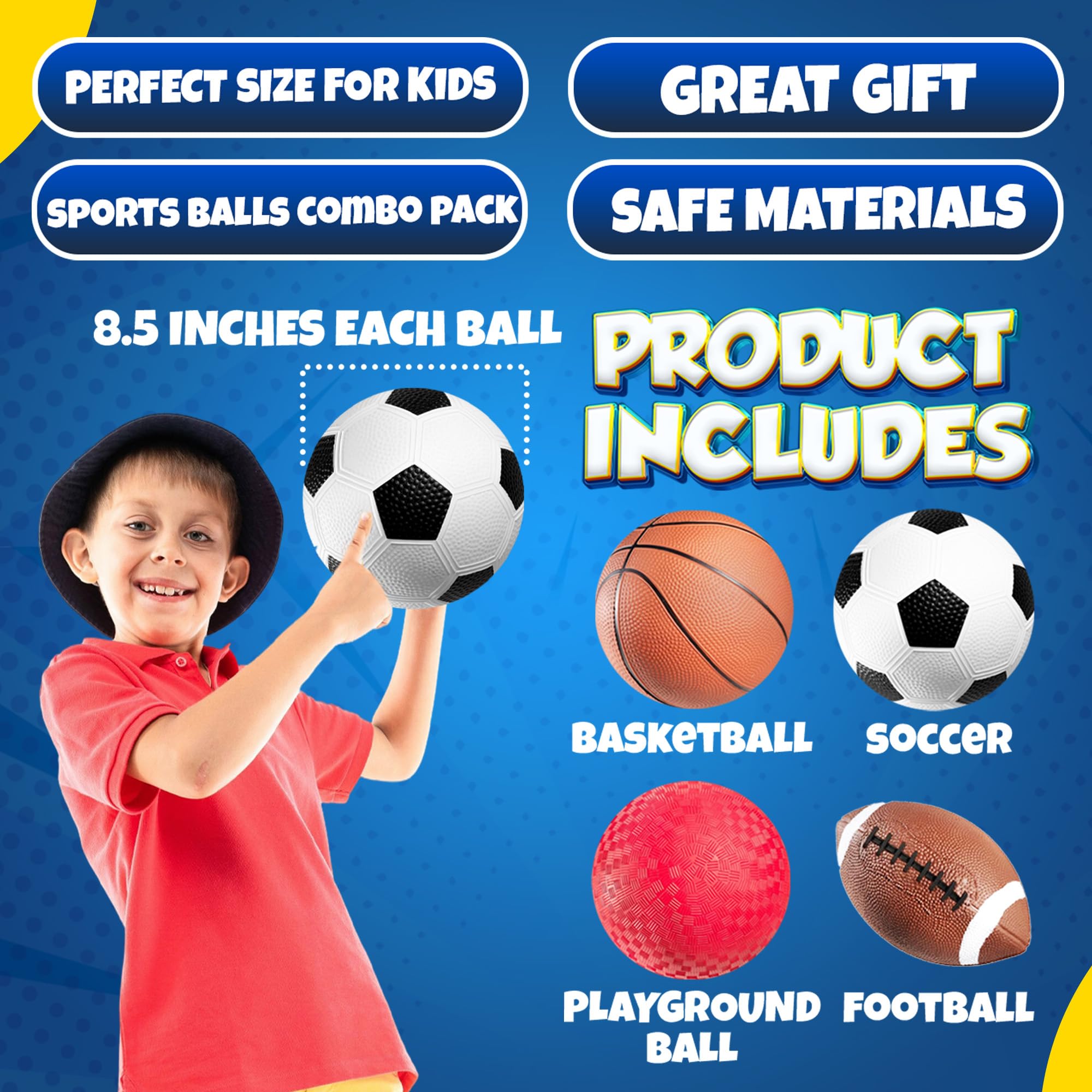 8.5” Sports Balls for Kids & Toddlers - (Pack of 4) Rubber Inflatable Multi-Sport Ball Set - Football, Soccer Ball, Basketball & Playground Ball - Outdoor Toys for Boys & Girls, (Hand Pump Included)