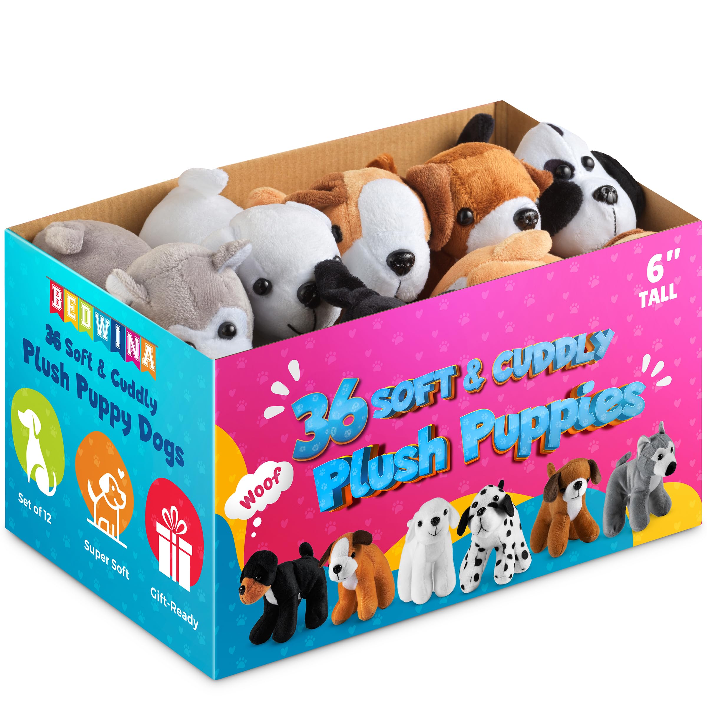 Bedwina Plush Puppy Dogs - (Pack of 36) 6 Inches Tall Stuffed Animals Bulk Assorted Puppies and Cute Stuffed Plushed Dog Puppies Assortment, Stocking Stuffers