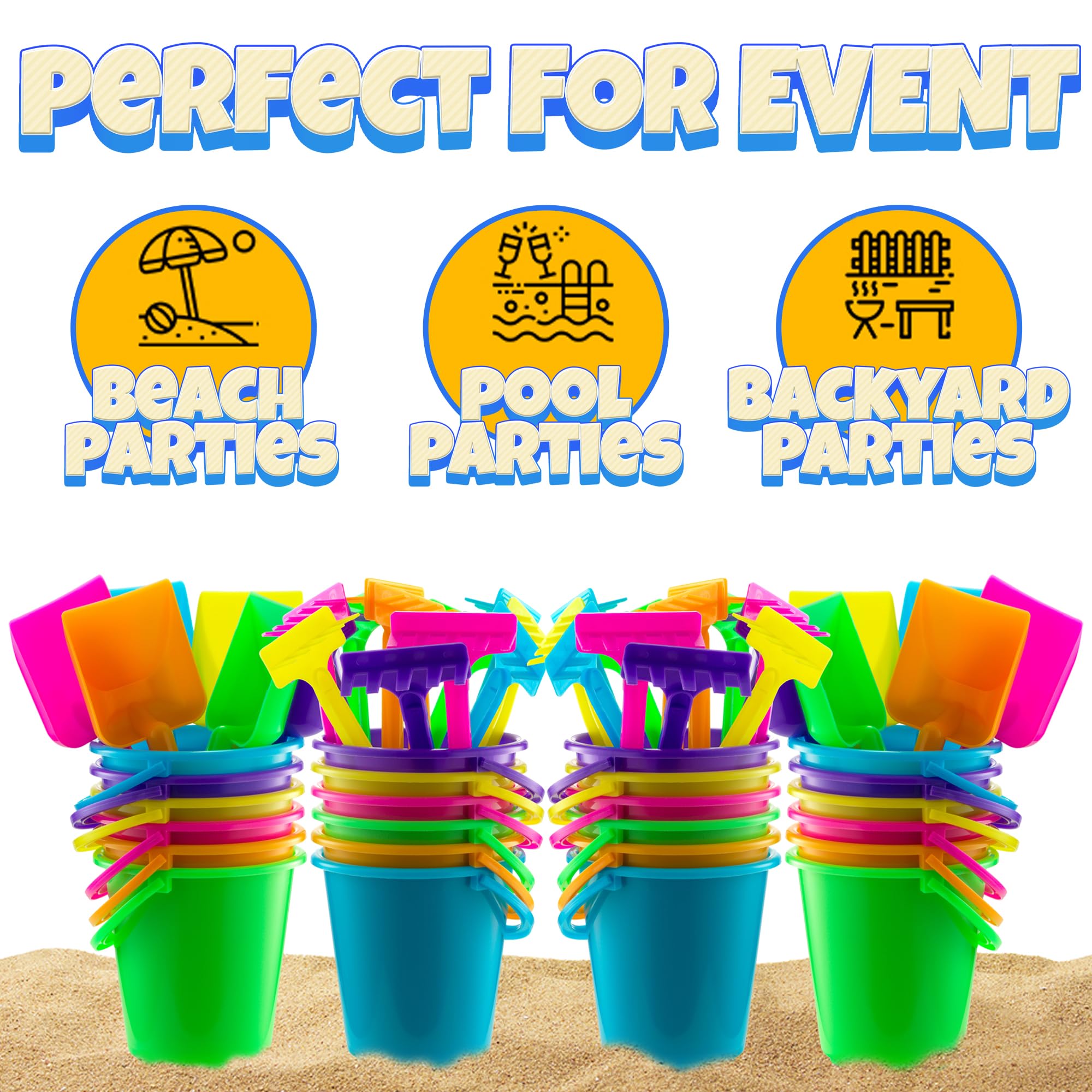Mini 4.5-Inch Beach Buckets for Kids - Sand Buckets and Shovels w/Rakes & Mesh Bags - Small Beach Pails - Sturdy Unbreakable Plastic - Beach Party Favors & Giveaways for Toddlers Ages 3-6