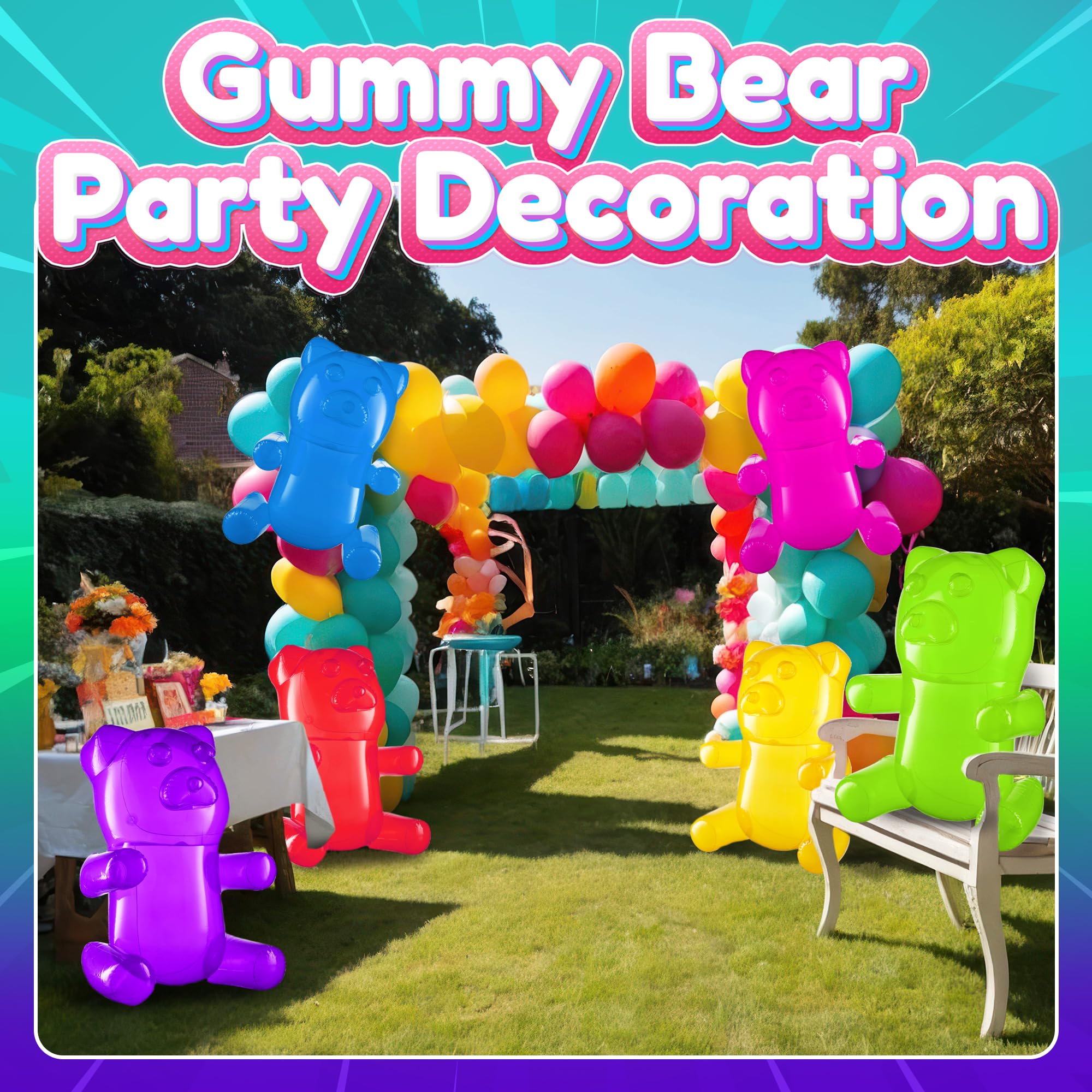 24" Inflatable Gummy Bears (Pack of 6) Huge Blow Up Pool Toys, Fun Photo Booth Props and Big Gummy Bear Decorations for Kids Birthday Parties and Themed Candy Land Party Decor Supplies