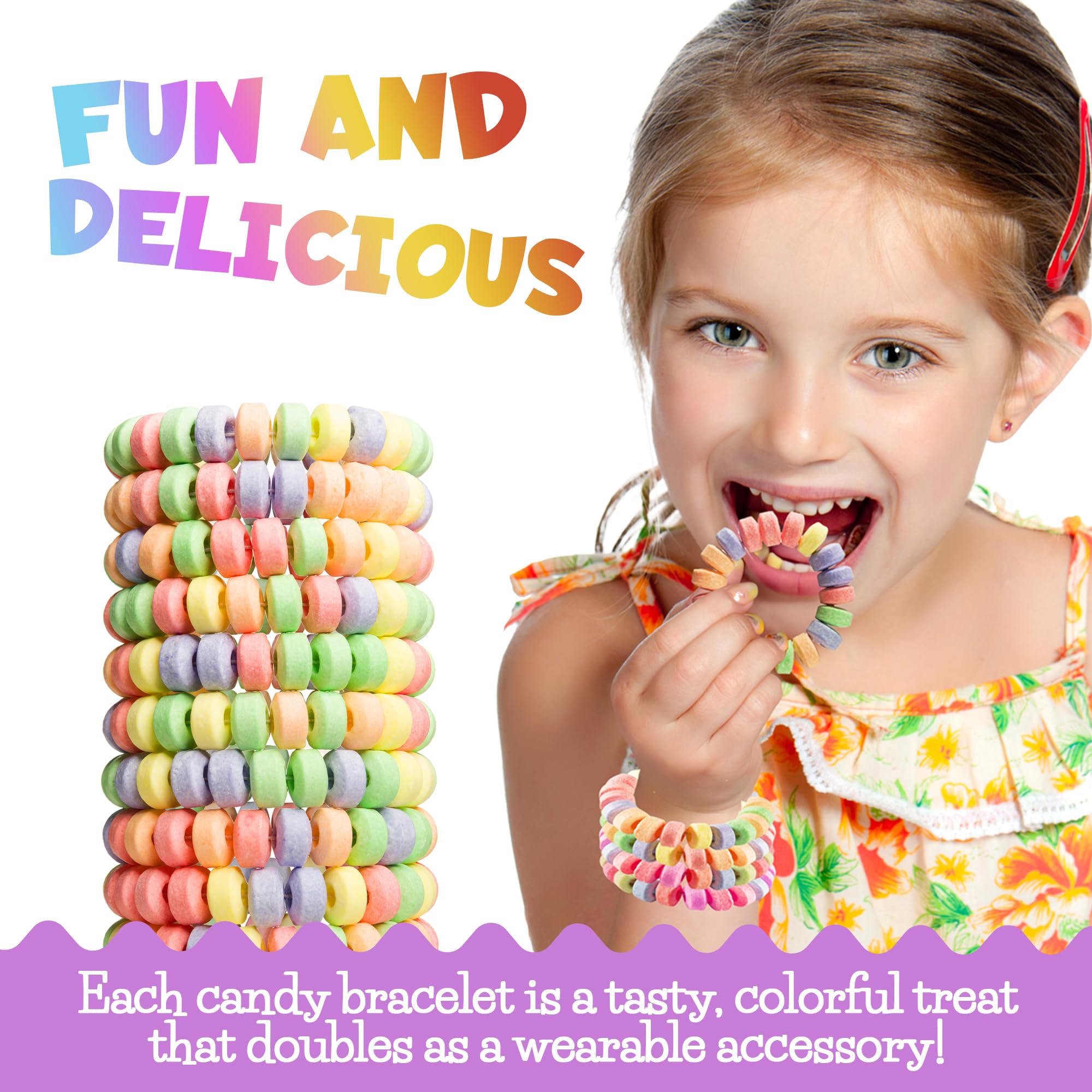 36-pack Bulk Candy Bracelets For Kids 2.5 Inch - Individually Wrapped - Stretchable Edible Colorful Fruit Flavor Rainbow Bracelets For Birthday Party Favors Supplies & Goodie Bags, Halloween Candy
