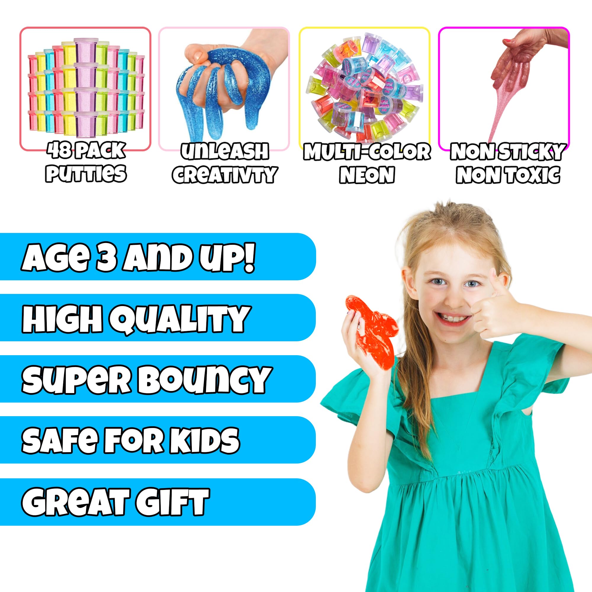 Mini Glitter Putty - (Bulk Pack of 48) Mini Slime for Kids Party Favors in Assorted Neon Rainbow Colors for Birthday Party Favor, Fidget Toys, and Prizes