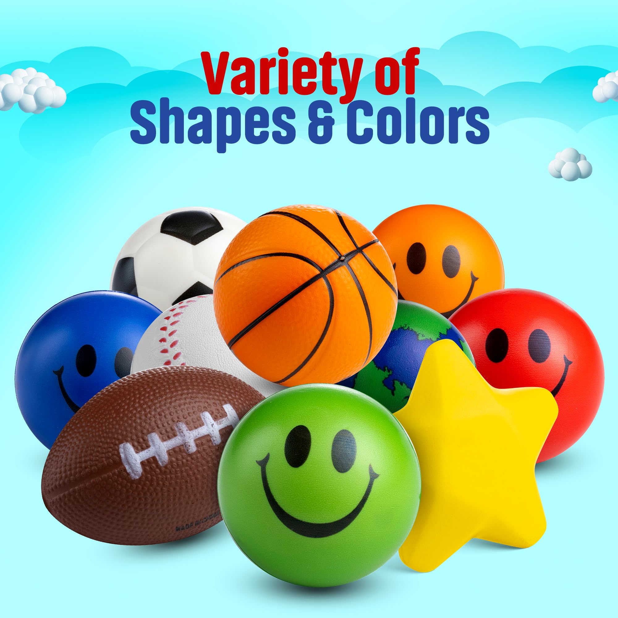 Bulk Mini Stress Balls for Kids (25 Pack) 2-3 Inch Soft Squeezable Fidget Toy Balls, Variety of Shapes & Colors, for Kids Birthday Party Favors & Goody Bag Stuffers, Game Prizes for Boys & Girls