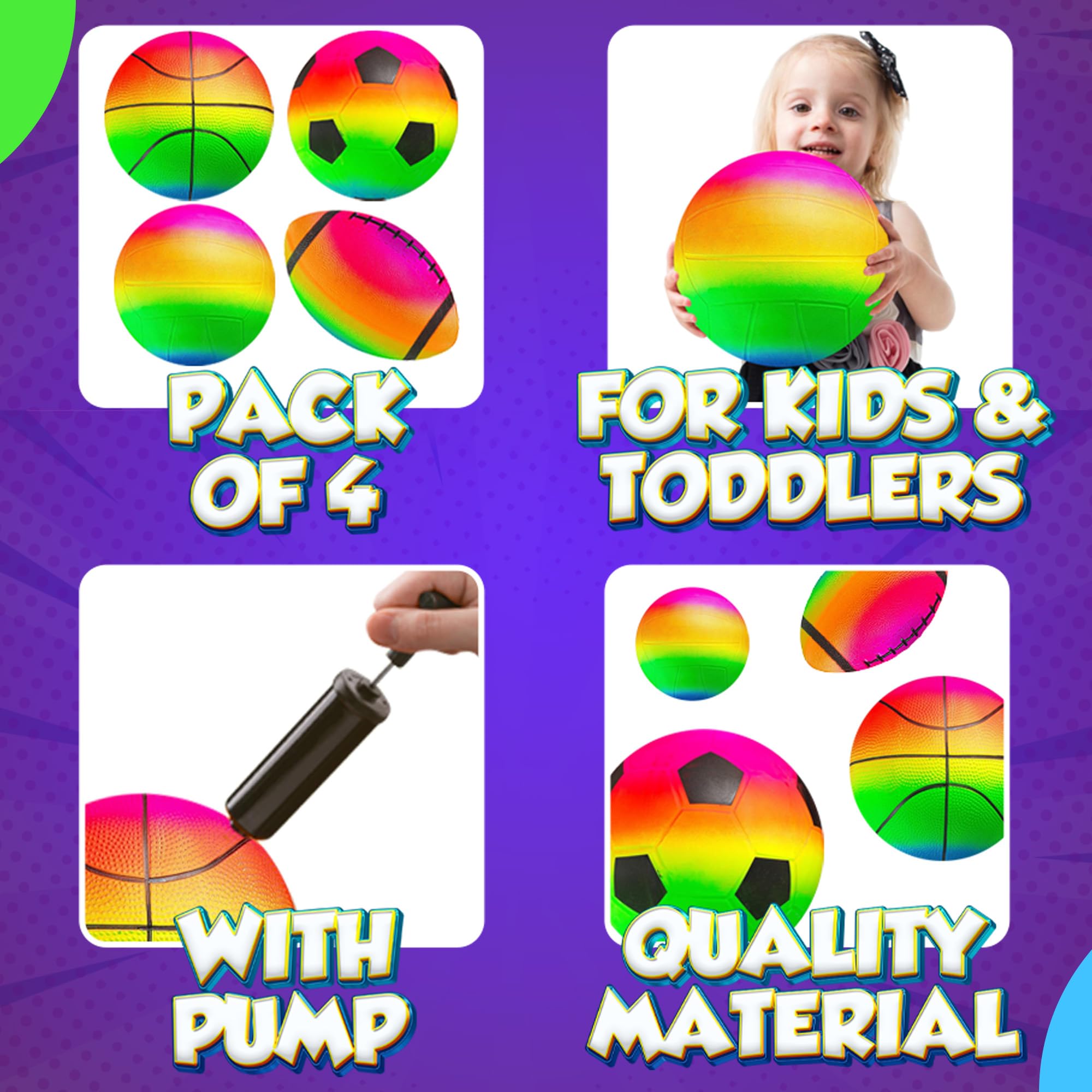 Rainbow Sports Balls for Kids & Toddlers - (Pack of 4) 8.5-Inch Neon Sport Ball Set Includes Football, Soccer, Basketball, & Playground Balls, Inflatable Indoor & Outdoor Fun Toys - Hand Pump Included