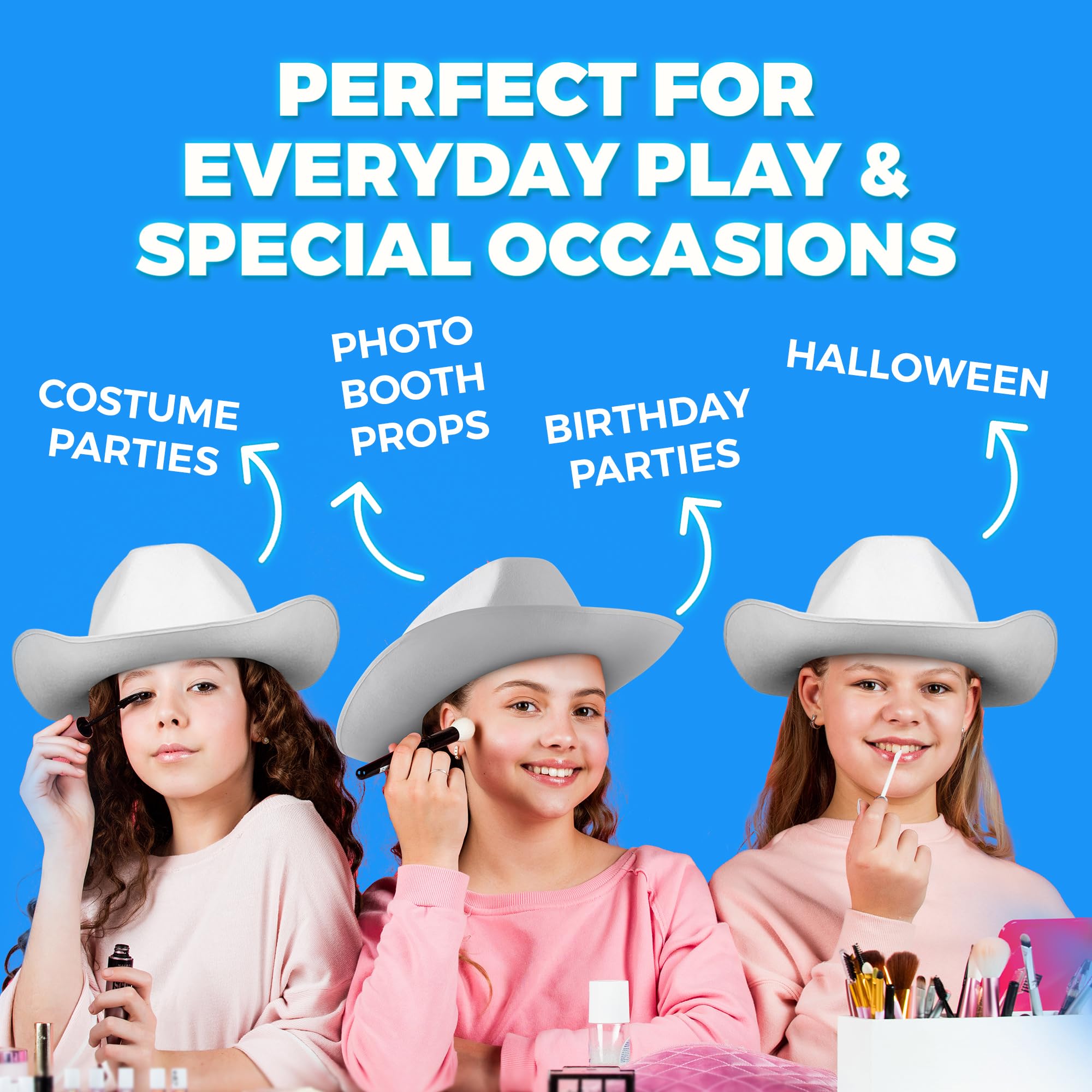 White Felt Cowboy Hats (2-Pack) with Neck Drawstring for Kids' Dress-Up, Costumes, Crafts, and Parties