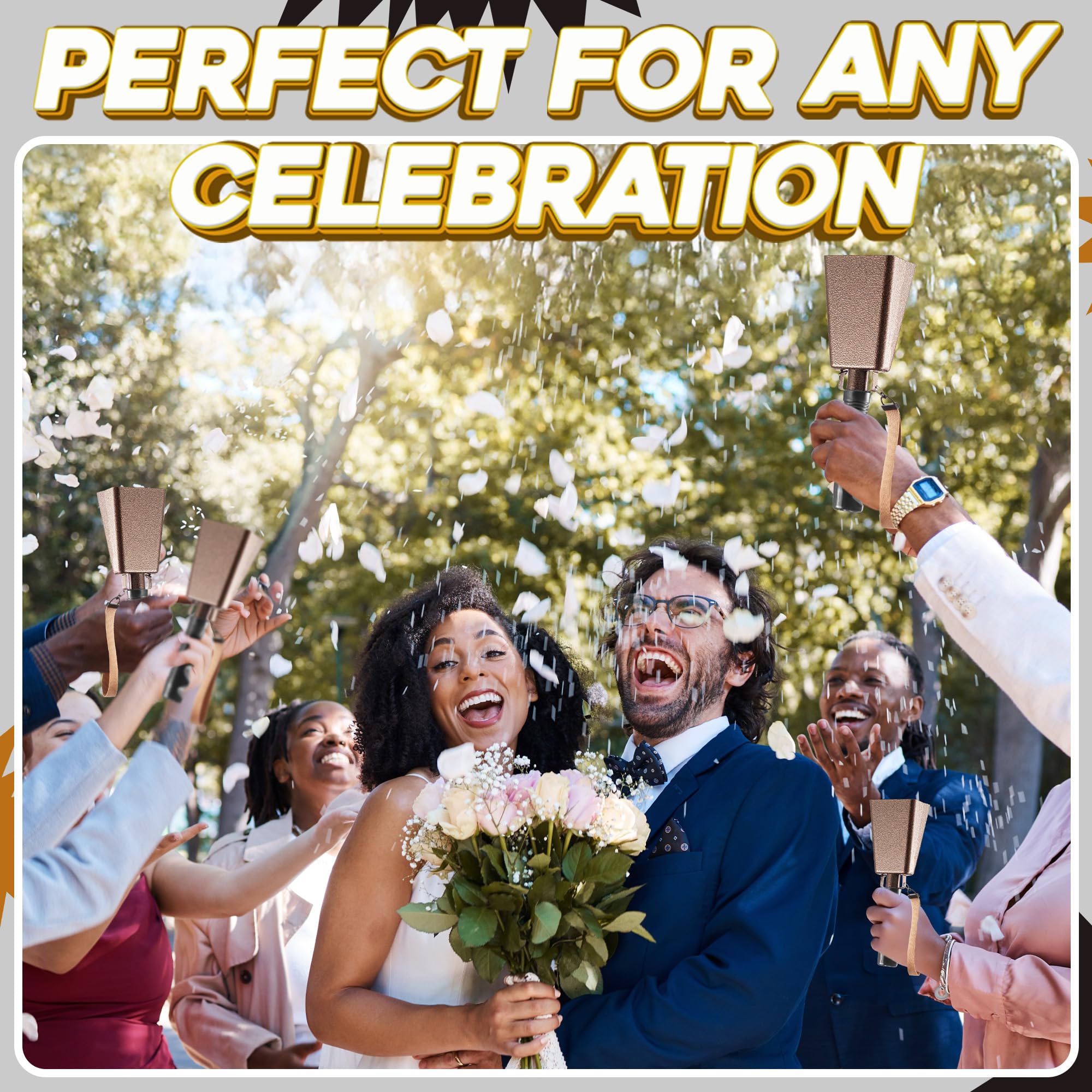 9" Metal Cowbells with Handle - (2 Pack) Cow Bells Loud Cheering Noise Makers for Sporting Events, Football Games, School Spirit, Rallies & Celebrations - Copper Steel Percussion Music Instrument