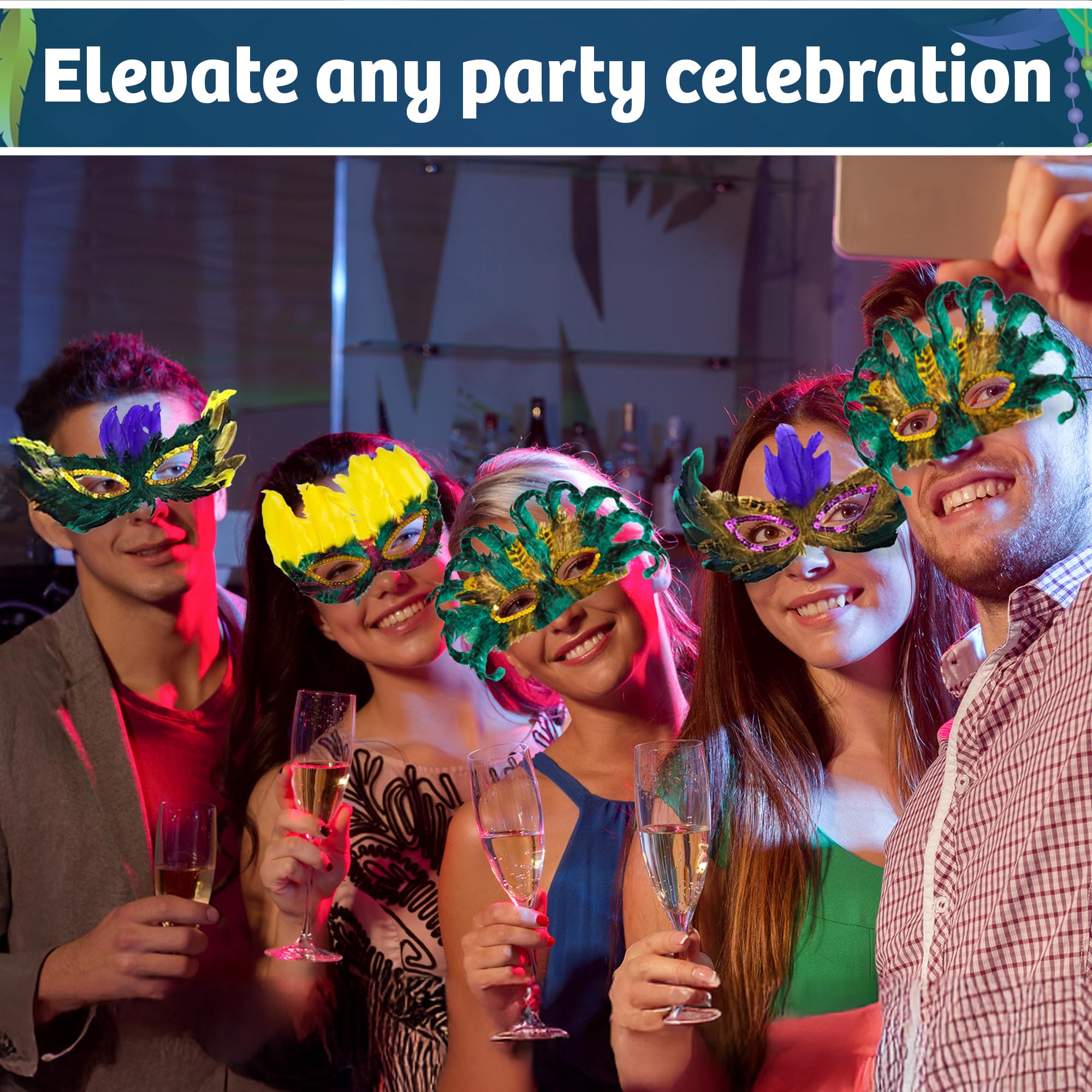 Bedwina Mardi Gras Masks - (Pack of 12) Bulk Carnival Masquerade Mask Costume Party Supplies, Feather Mardi Gras Decorations for Women, Men and Kids