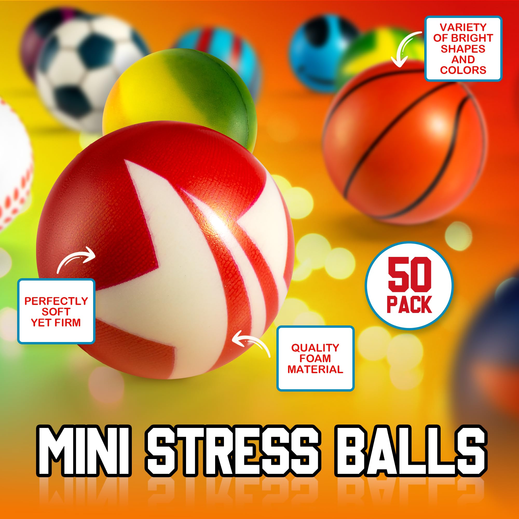 50 Mini Stress Balls for Kids and Adults - Bulk 2 Inch Assorted Soft Stress Relief Balls, Sensory Fidget Toys, Party Favors, Birthday Gifts, Goodie Bags and Stocking Stuffers for Kids