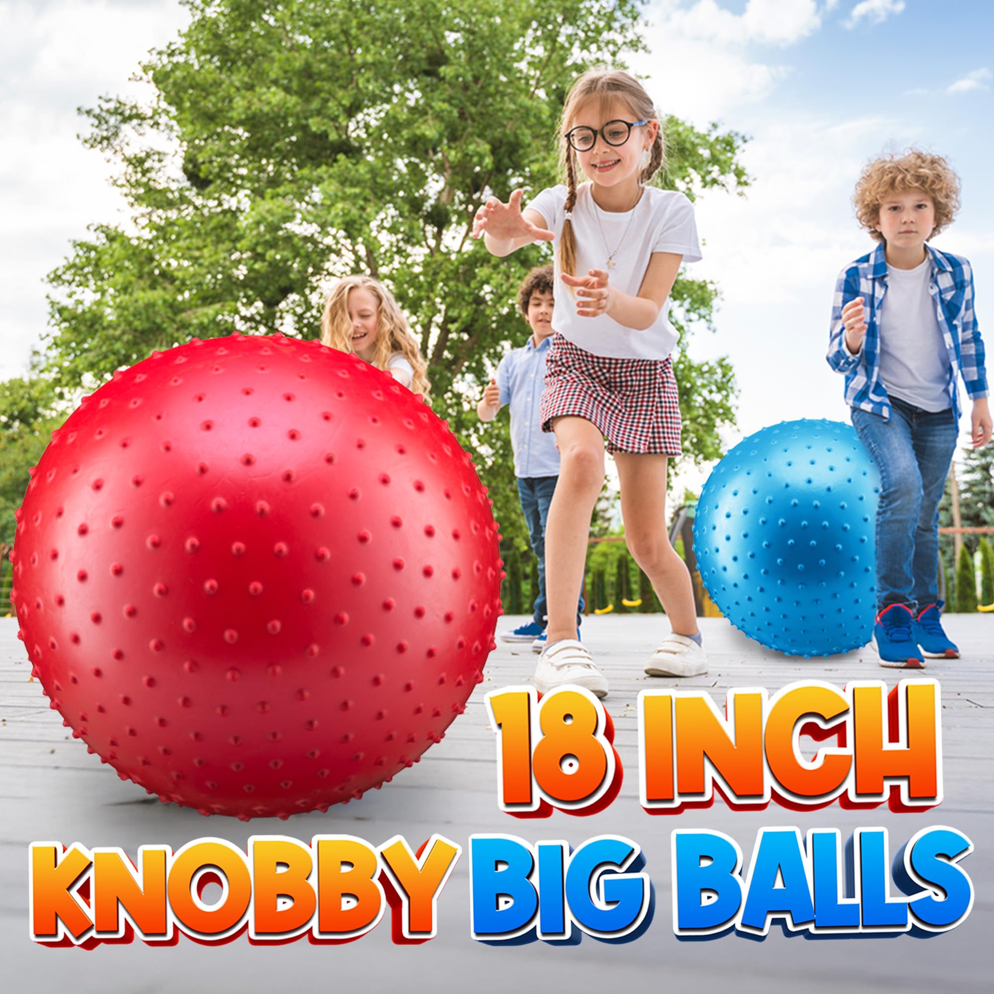 PlayBolt Jumbo 18-Inch Knobby Sensory Balls with Pump (Pack of 2) - Large Size Inflatable Bumpy Grip Bouncy Balls for Toddlers, Kids, Therapy, Daycare, School Recess, Backyard, Indoor & Outdoor Play