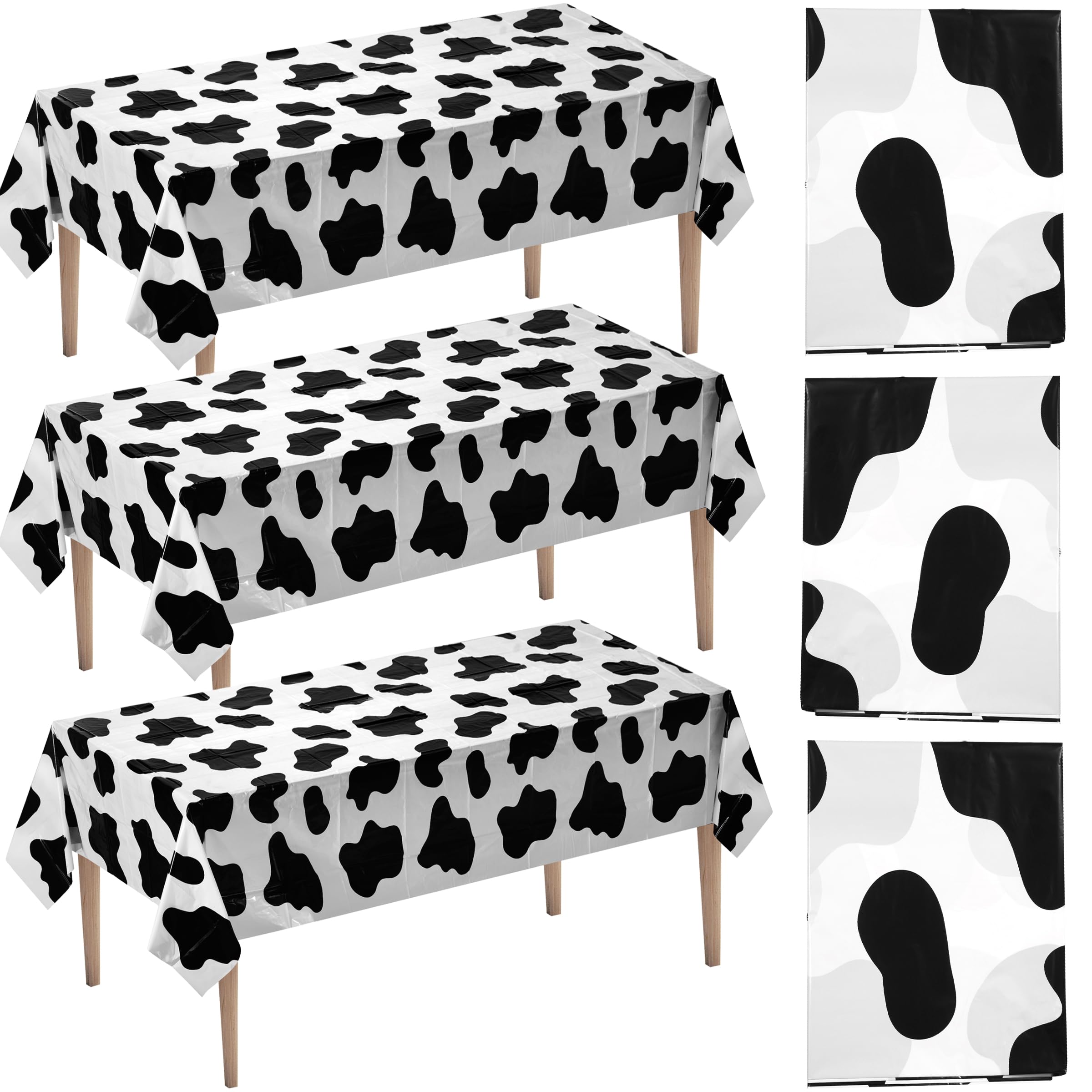 Bedwina Cow Print Tablecloth (Pack of 3) 54 x 72 Inch Tablecloths for Farm Animal Themed Parties, Birthday Party Supplies and Picnic Table Covers, (Black and White)