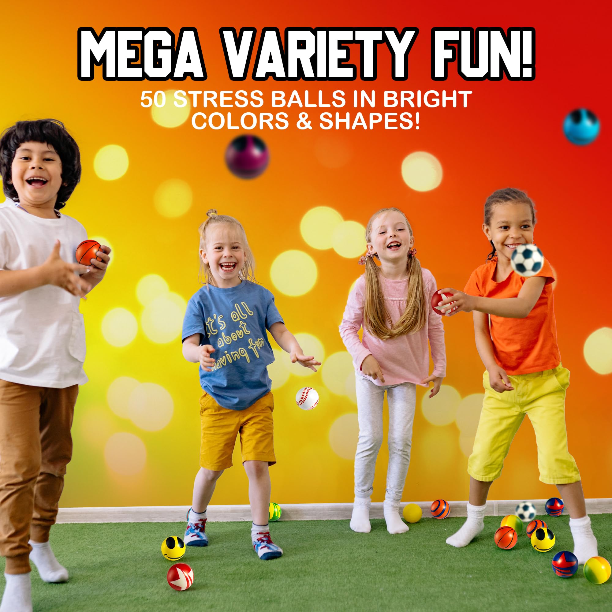 50 Mini Stress Balls for Kids and Adults - Bulk 2 Inch Assorted Soft Stress Relief Balls, Sensory Fidget Toys, Party Favors, Birthday Gifts, Goodie Bags and Stocking Stuffers for Kids