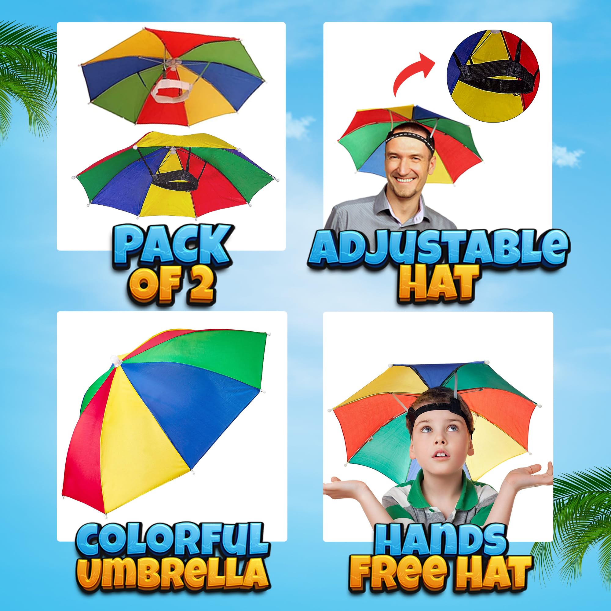Bedwina Umbrella Hat Pack of 2 - Colorful Party Hats - 20 Inch, Hands Free, Funny Rainbow Colorful Beach Party Hats, Adjustable Size Fits All Ages, Kids, Men & Women