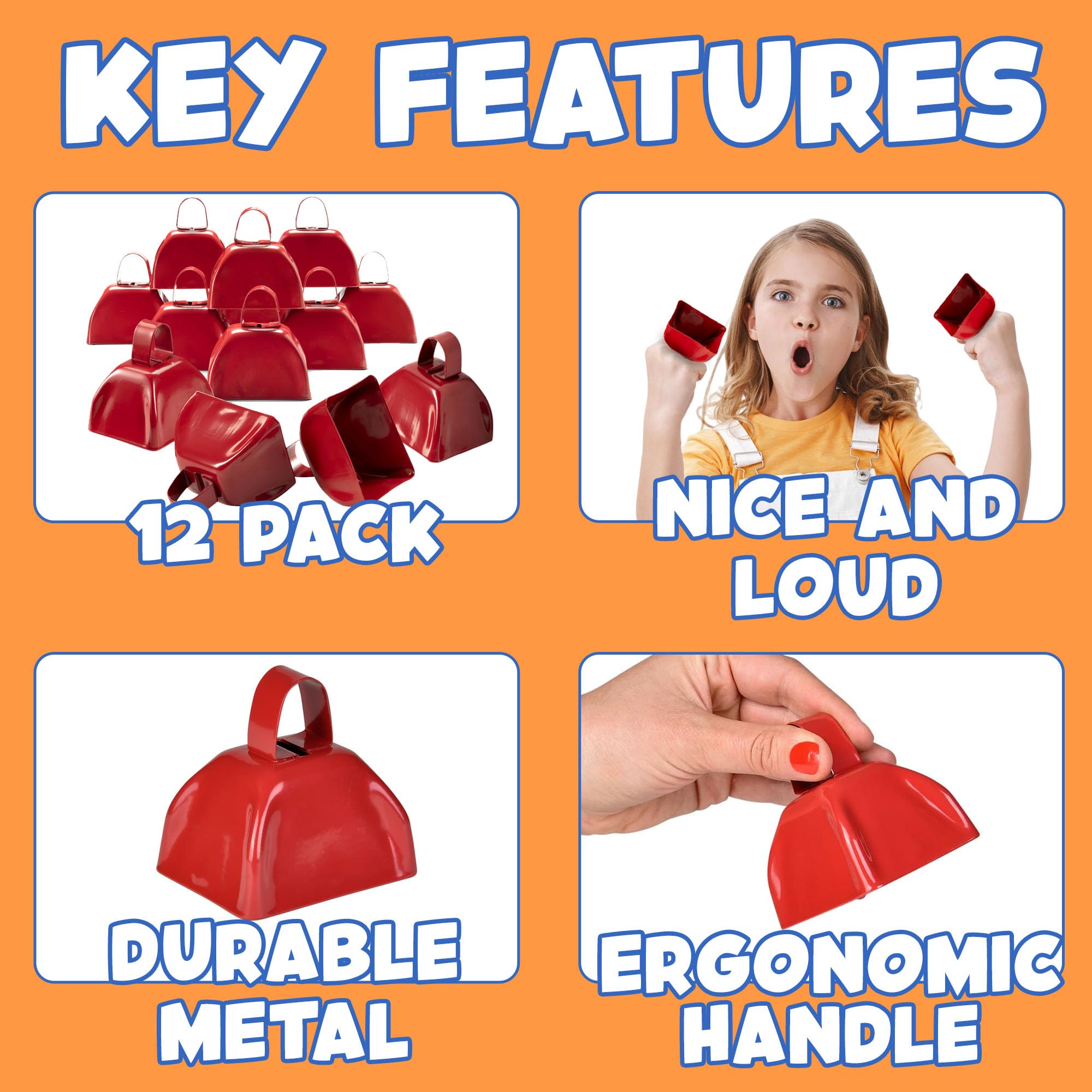 Metal Cowbells - 3 Inch Cow Bells Noise Makers, Loud Call Bell with Handles for Sporting Events, Cheering, Team Spirit, Noisemakers, Weddings, (Pack of 12)