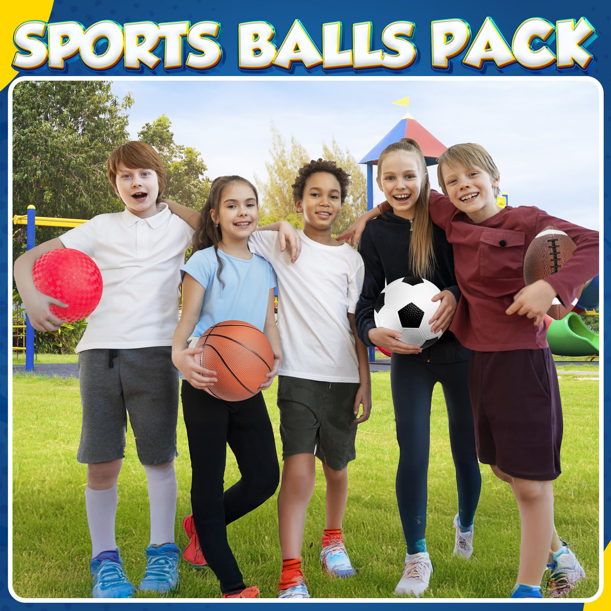 8.5” Sports Balls for Kids & Toddlers - (Pack of 4) Rubber Inflatable Multi-Sport Ball Set - Football, Soccer Ball, Basketball & Playground Ball - Outdoor Toys for Boys & Girls, (Hand Pump Included)