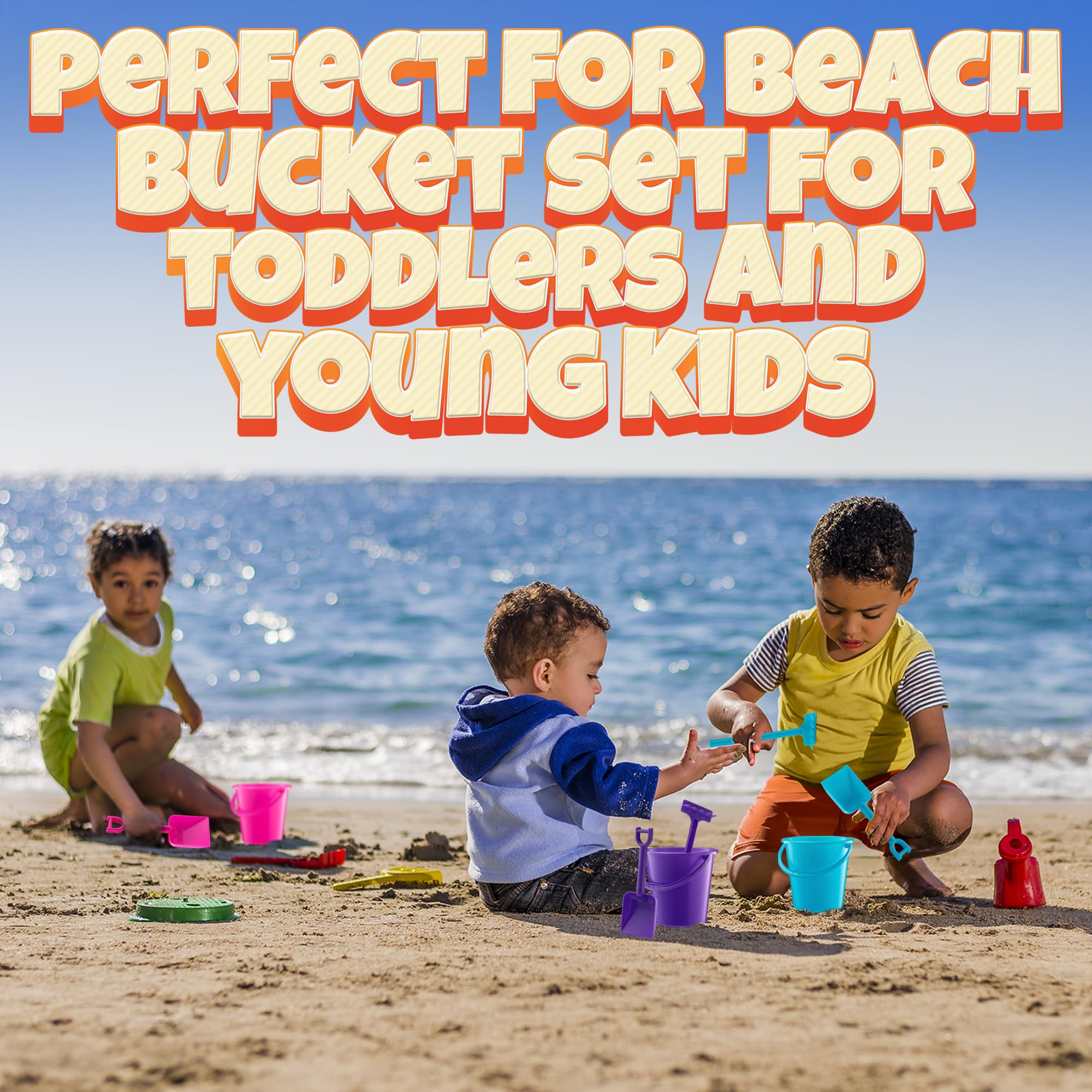 Mini 4.5-Inch Beach Buckets for Kids - Sand Buckets and Shovels w/Rakes & Mesh Bags - Small Beach Pails - Sturdy Unbreakable Plastic - Beach Party Favors & Giveaways for Toddlers Ages 3-6