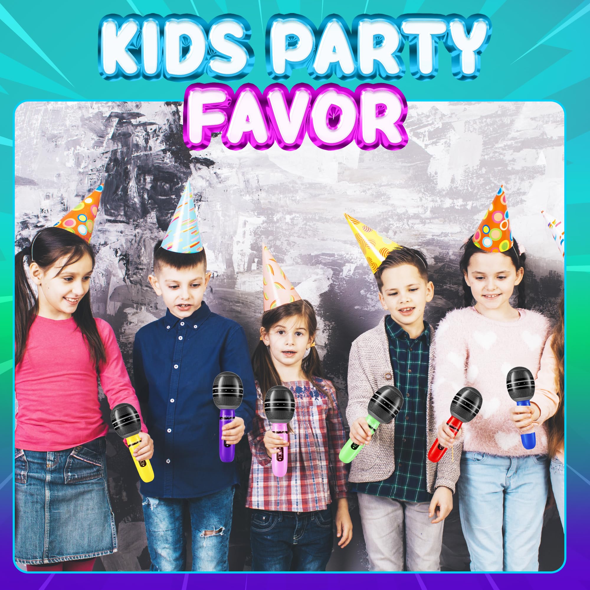 Inflatable Microphones for Parties - (Pack of 48) 10-inch Neon Colors Blow Up Microphone for Kids, Party Favors, Giveaways, DJ-Props, Photo-Booth, Birthdays, Dance, Sing Concert, Karaoke Decorations