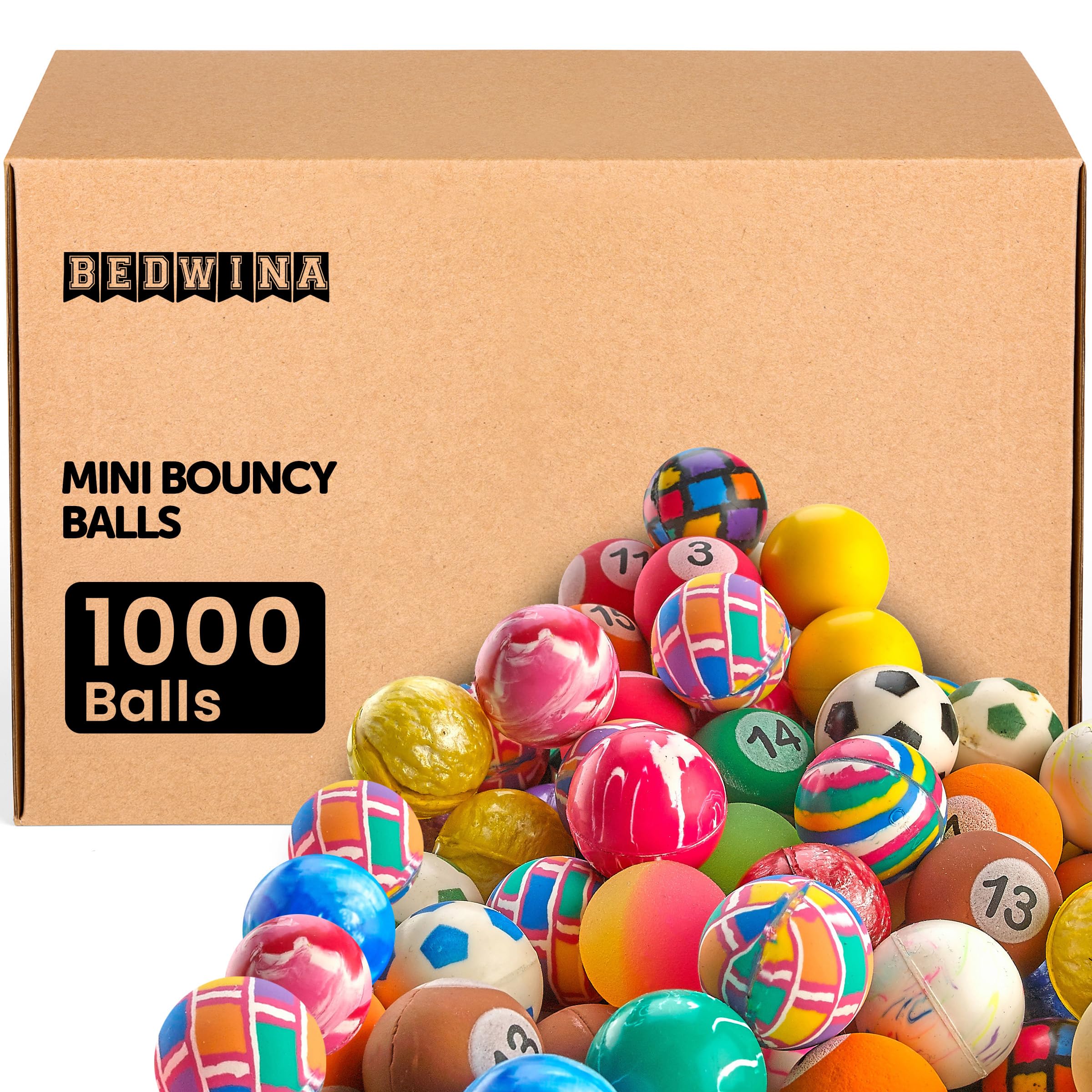 Bedwina Bouncy Balls Bulk Case - 1-Inch (27mm) High Bounce Rubber Balls, Assorted Colors Bouncing Balls for Kids Party Favors, Prizes, Treasure Boxes, Carnival Games & Vending Machines, 1000-Count