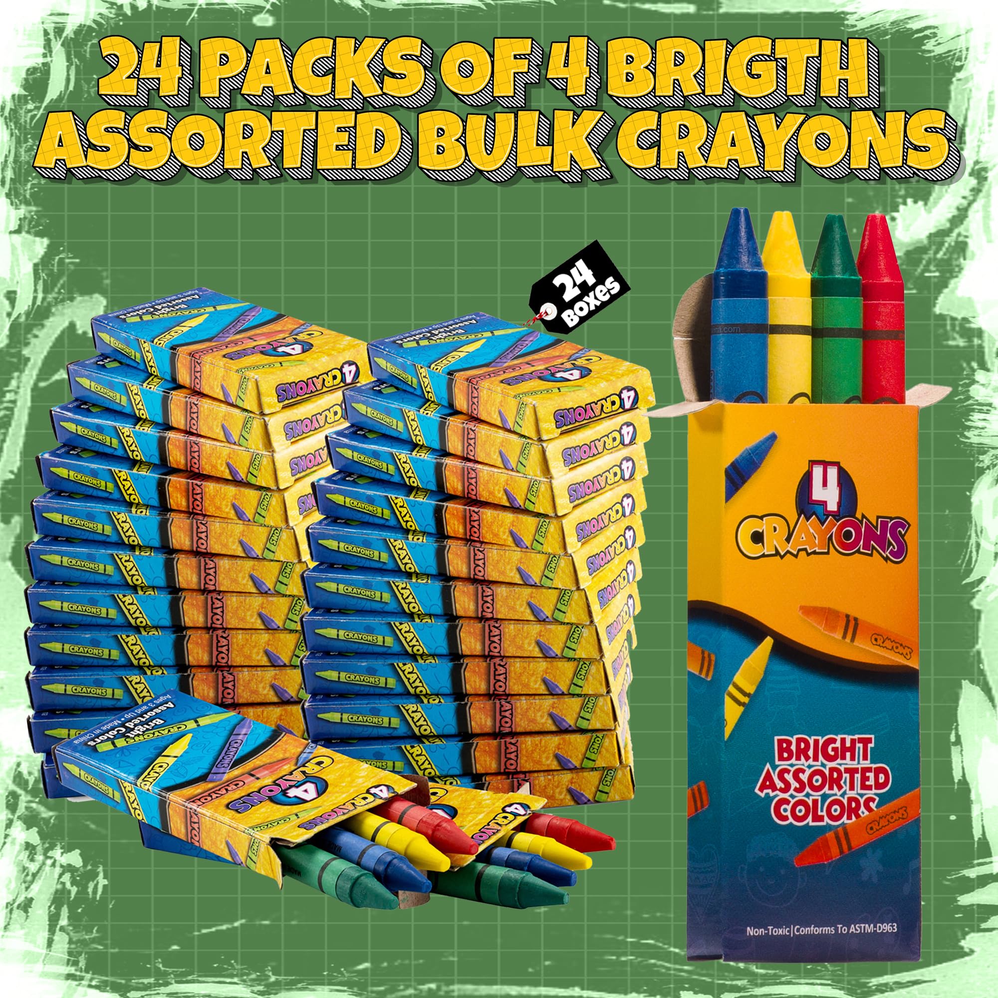 Bedwina Bulk Crayons - 96 Crayons! 24 Pack - 4 - Per Pack, Premium Colors for Kids and Toddlers, Non-Toxic, for Party Favors, Restaurants, Goody Bags, Stocking Stuffers