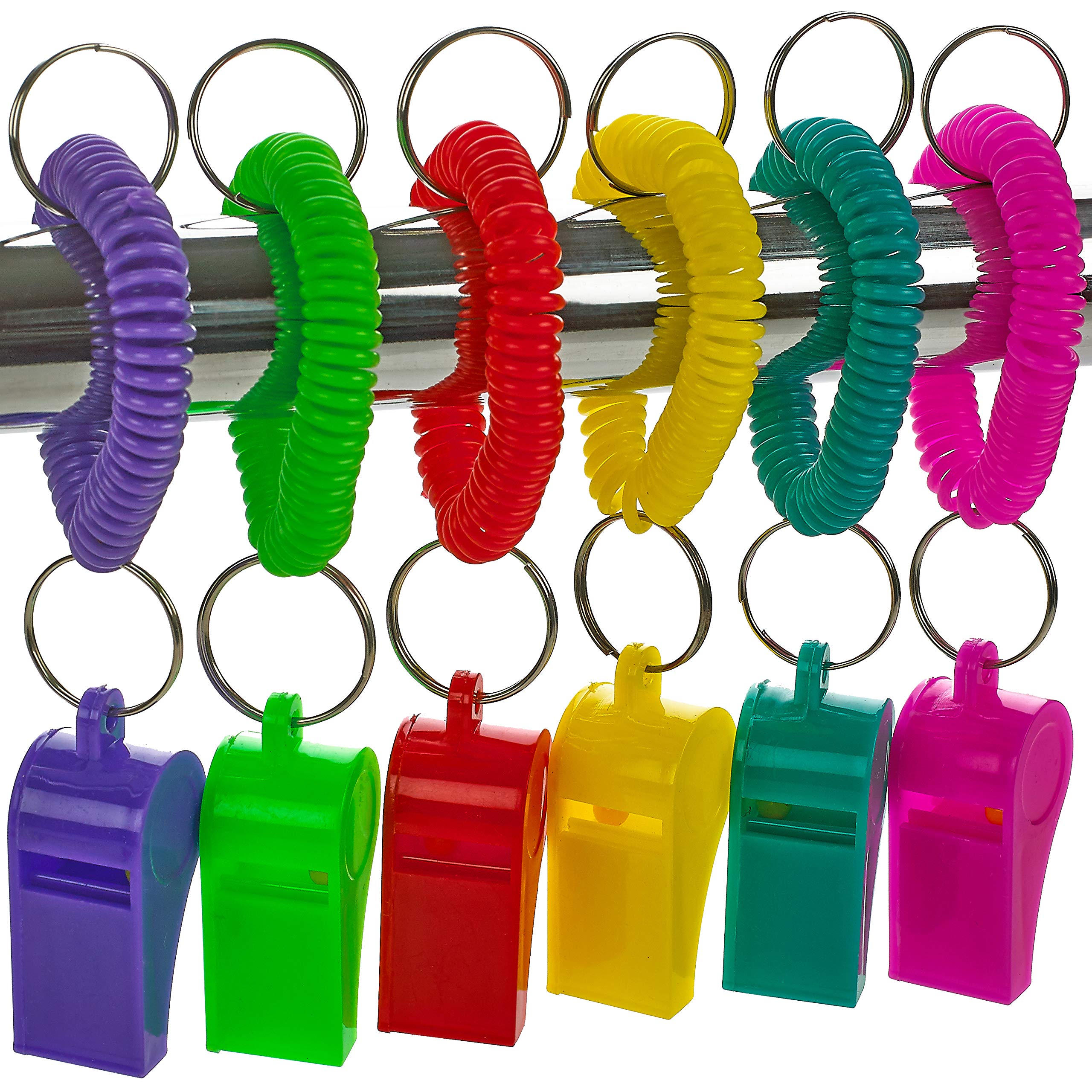 Bedwina Whistle for Kids with Bracelet - (Pack of 24) Bulk Whistles and Stretchable Coil Wrist Keychain Bracelets in Assorted Colors for Goodie Bag Fillers and Birthday Party Favors Multicolored