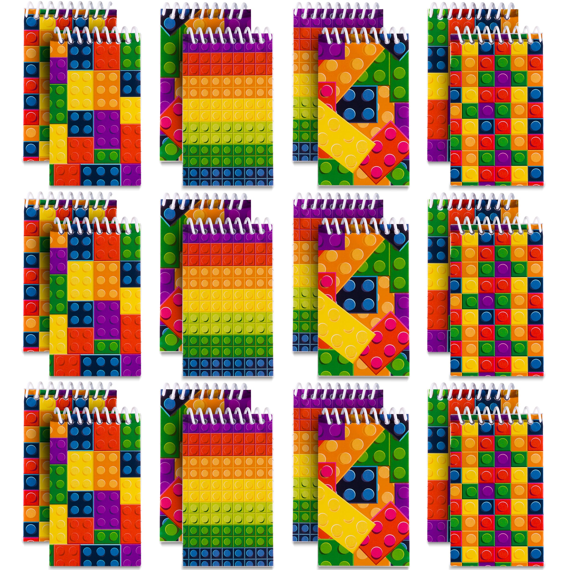 Bedwina Mini Building Block Notebooks (Bulk of 32) Spiral Notepads In Assorted Brick Styles, Mini Notebook for Kids Pocket Size for Birthday Party Favors, Classrooms or Goodie Bag Stuffers