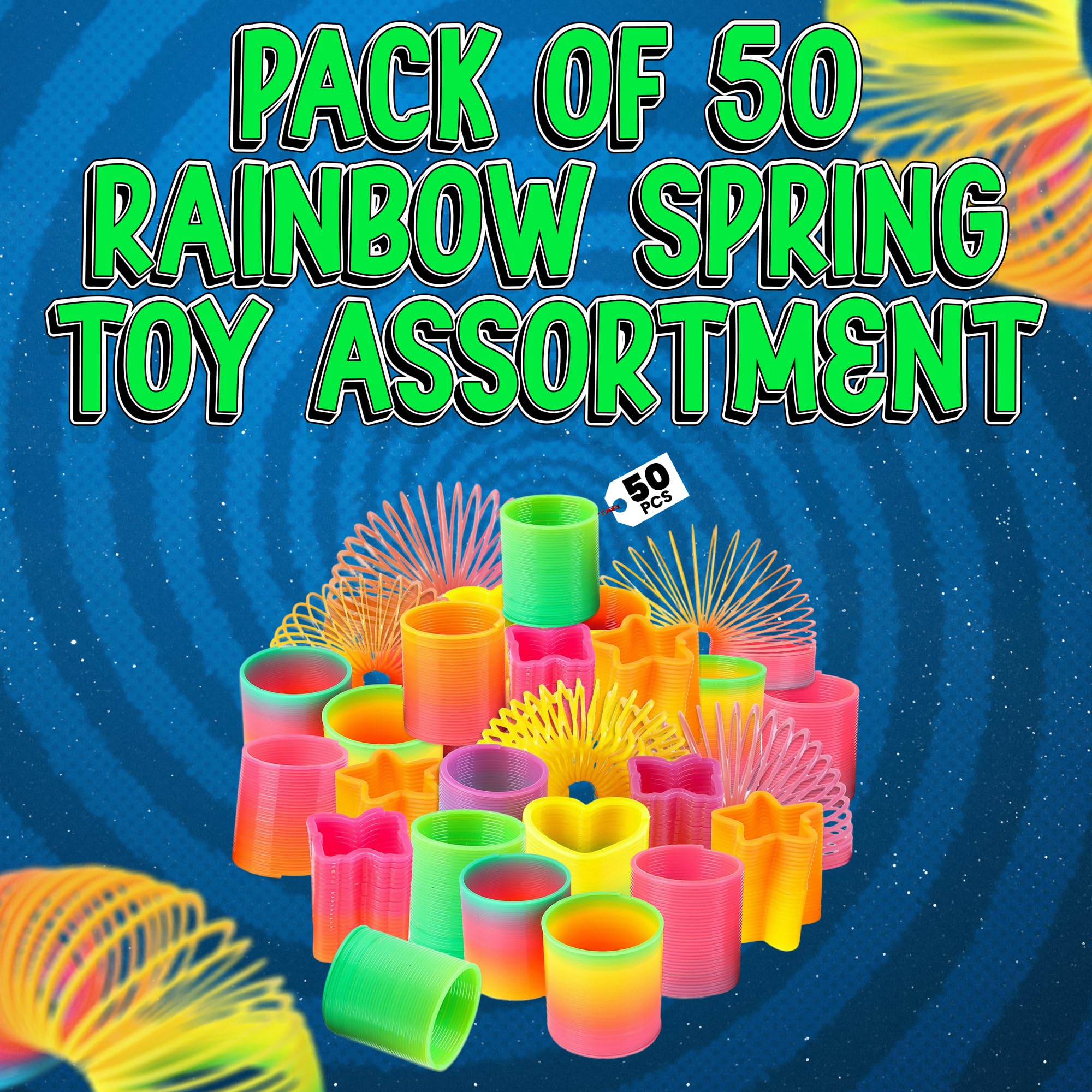 Bedwina Rainbow Spring Toy Assortment - (Pack of 50) Mini Plastic Coil Spring Toy | Bright Colors and Shapes, Goody Bag Filler, Party Prizes and Stocking Stuffers for Kids