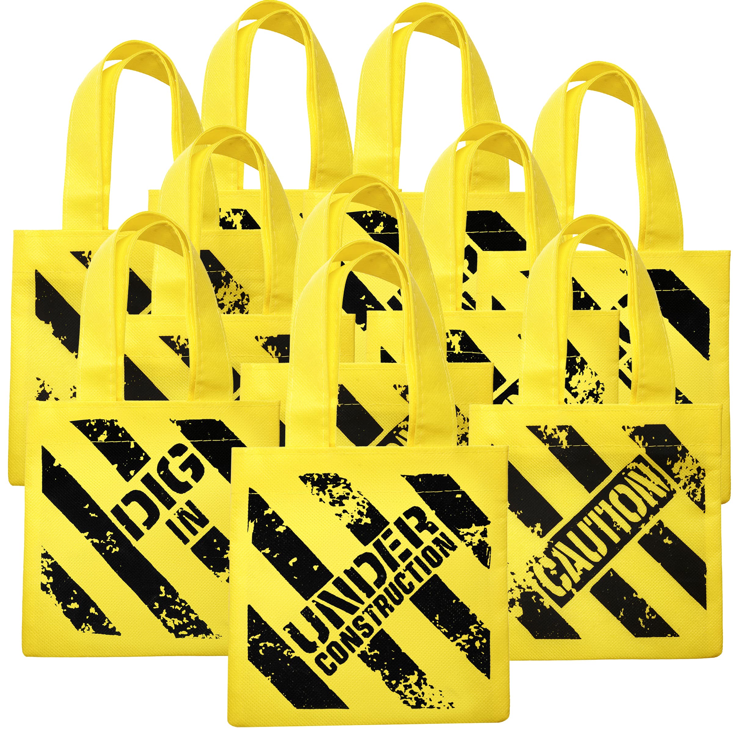 Construction Birthday Party Supplies - (12) Under Construction Themed Mini Non-Woven Canvas Tote Bags with Handles for Party Favor Bag Supplies for Kids and Goodie Bags for Boys, Yellow