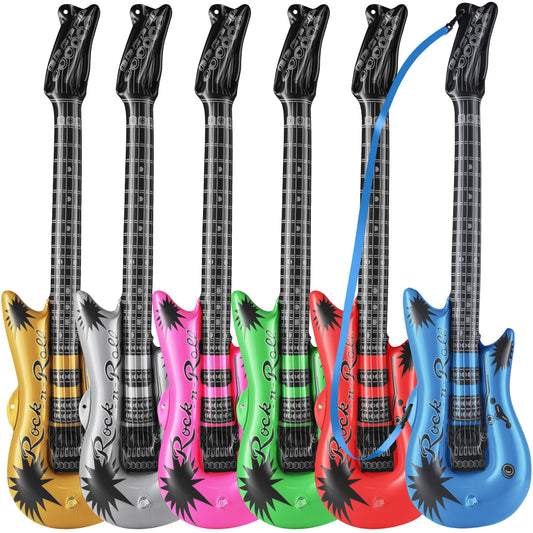 Inflatable Guitars for Kids - (Pack of 6) 36-inch Neon Blow Up Guitar Instruments, Party Favors, Giveaways, DJ-Props, Photo-Booth, Birthdays, Rock Star, Rock and Roll Party Decorations