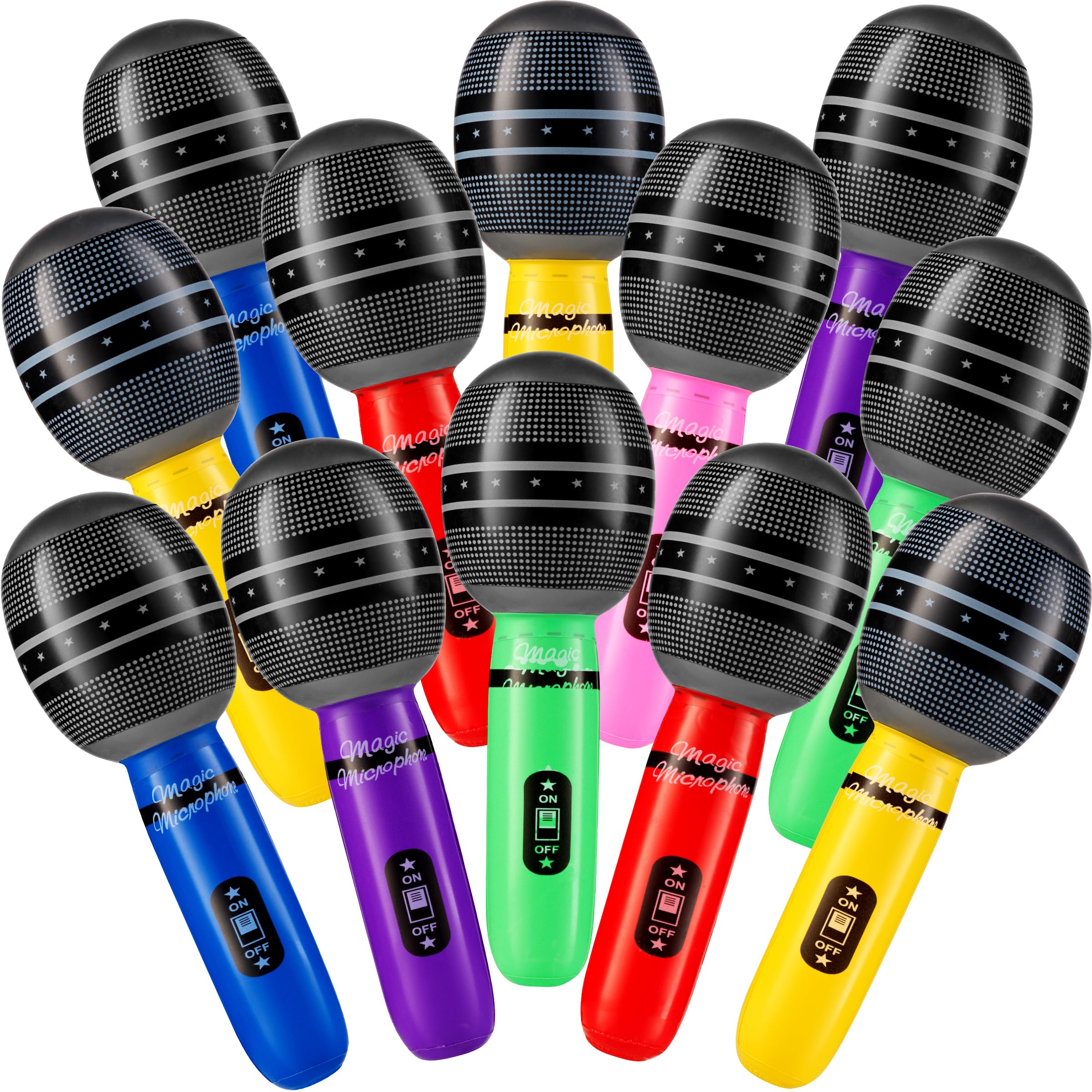Inflatable Microphones for Parties - (Pack of 48) 10-inch Neon Colors Blow Up Microphone for Kids, Party Favors, Giveaways, DJ-Props, Photo-Booth, Birthdays, Dance, Sing Concert, Karaoke Decorations