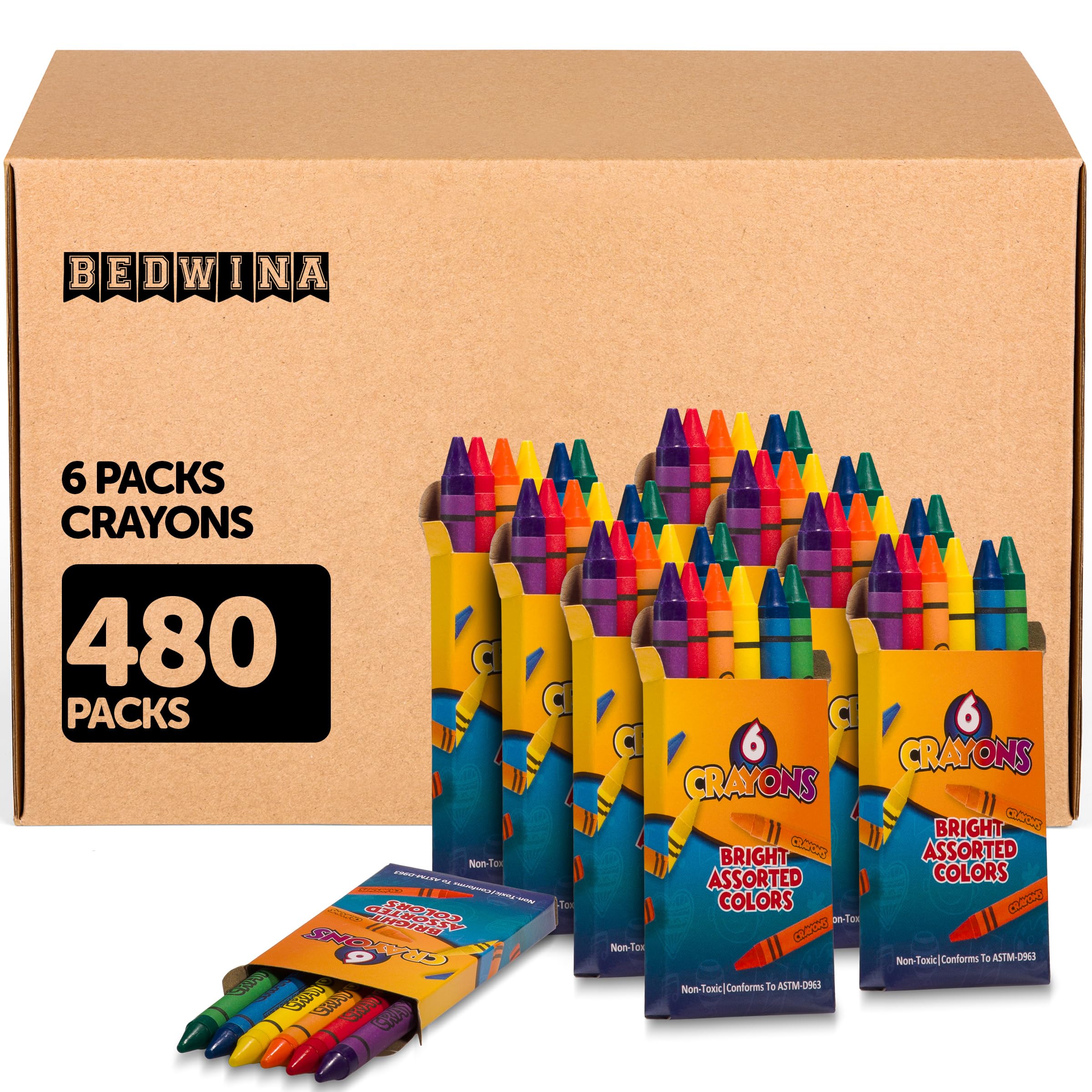 Bedwina Bulk Crayons - Packs of 6 Colors - Crayons Bulk School Supplies For Kids & Toddler, Teachers & Classroom, Nontoxic Travel Crayons Party Favors, Restaurants, Goody Bags Stocking Stuffers