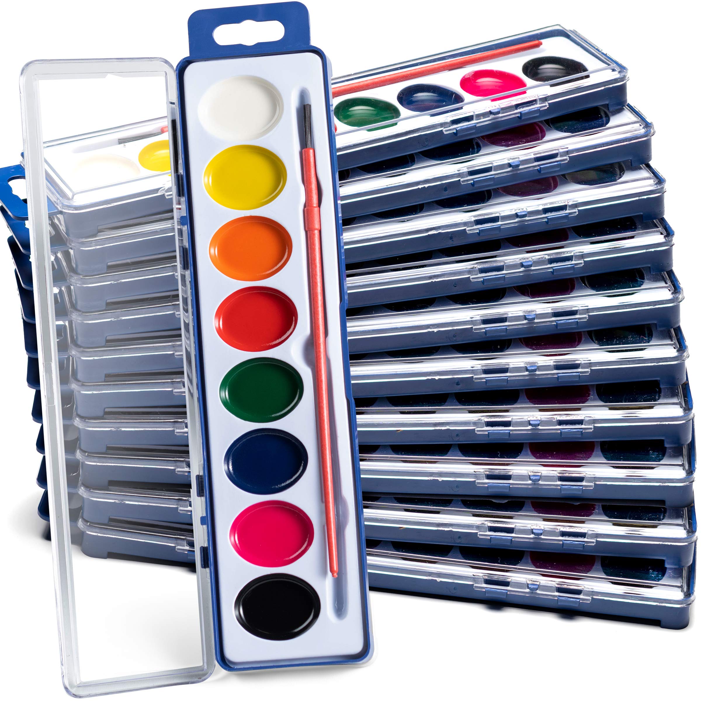 Bedwina Watercolor Paint Set- Bulk of 60 Sets - 8 Water Color Washable Paints, Palette Tray and Painting Brush, for Art Schools and Paint Party Supplies
