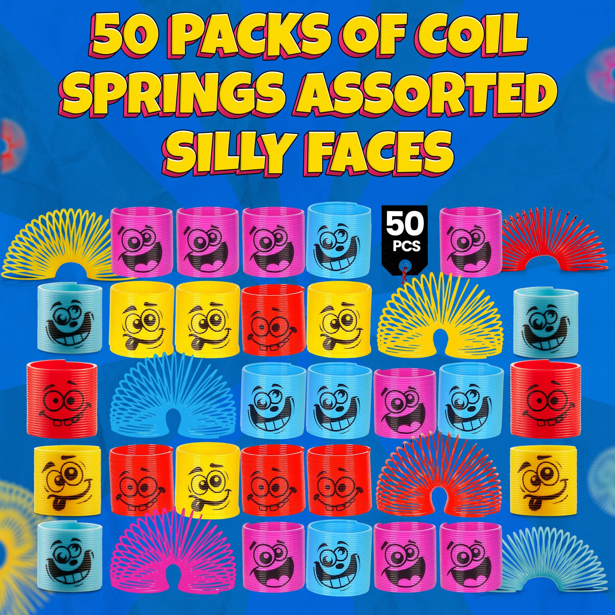 Bedwina Mega Pack of 50 Coil Springs for Kids - Assorted Silly Faces and Colors, Mini Plastic Spring Toy for Party Favors, Carnival Prizes, Gift Goodie Bag Filler, Stocking Stuffers