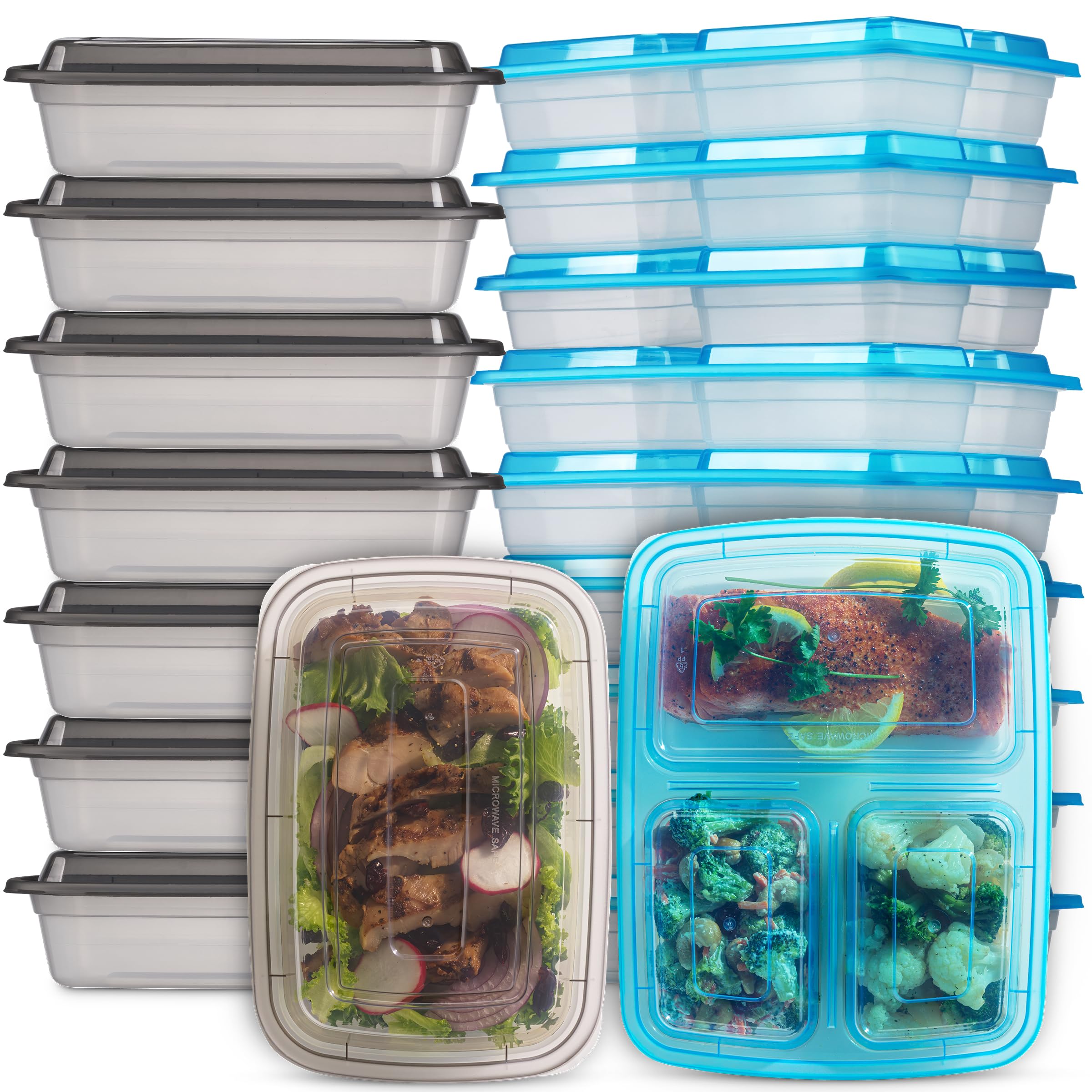 Food Storage Containers With Lids - (24 Pack-32 Oz) 12- 3 Compartment Meal Prep Containers Reusable Or Disposable & 12- Single Food Storage Bento Boxes, Bpa Free, Microwave, Freezer, Dishwasher Safe