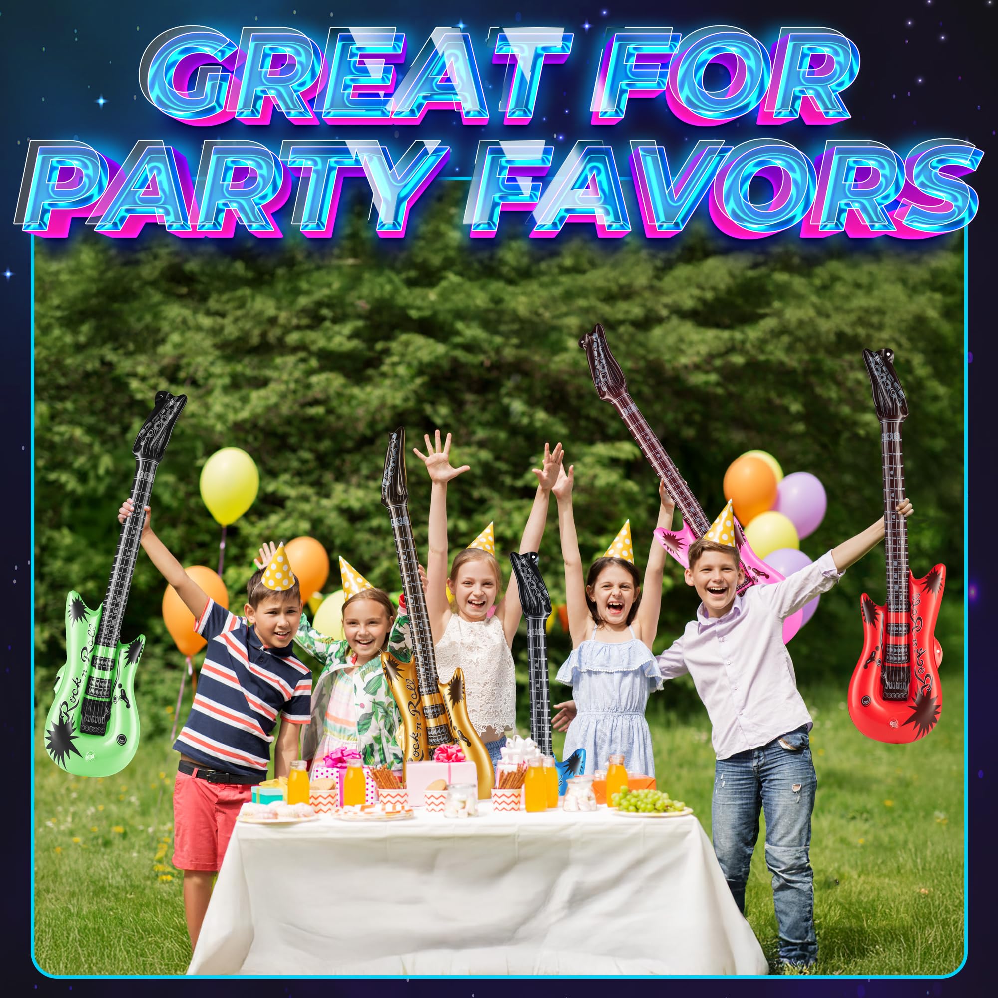 Bedwina Inflatable Guitars for Kids - (Pack of 48) 36-inch Neon Blow Up Guitar Instruments, Party Favors, Giveaways, DJ-Props, Photo-Booth, Birthdays, Rock Star, Rock and Roll Party Decorations