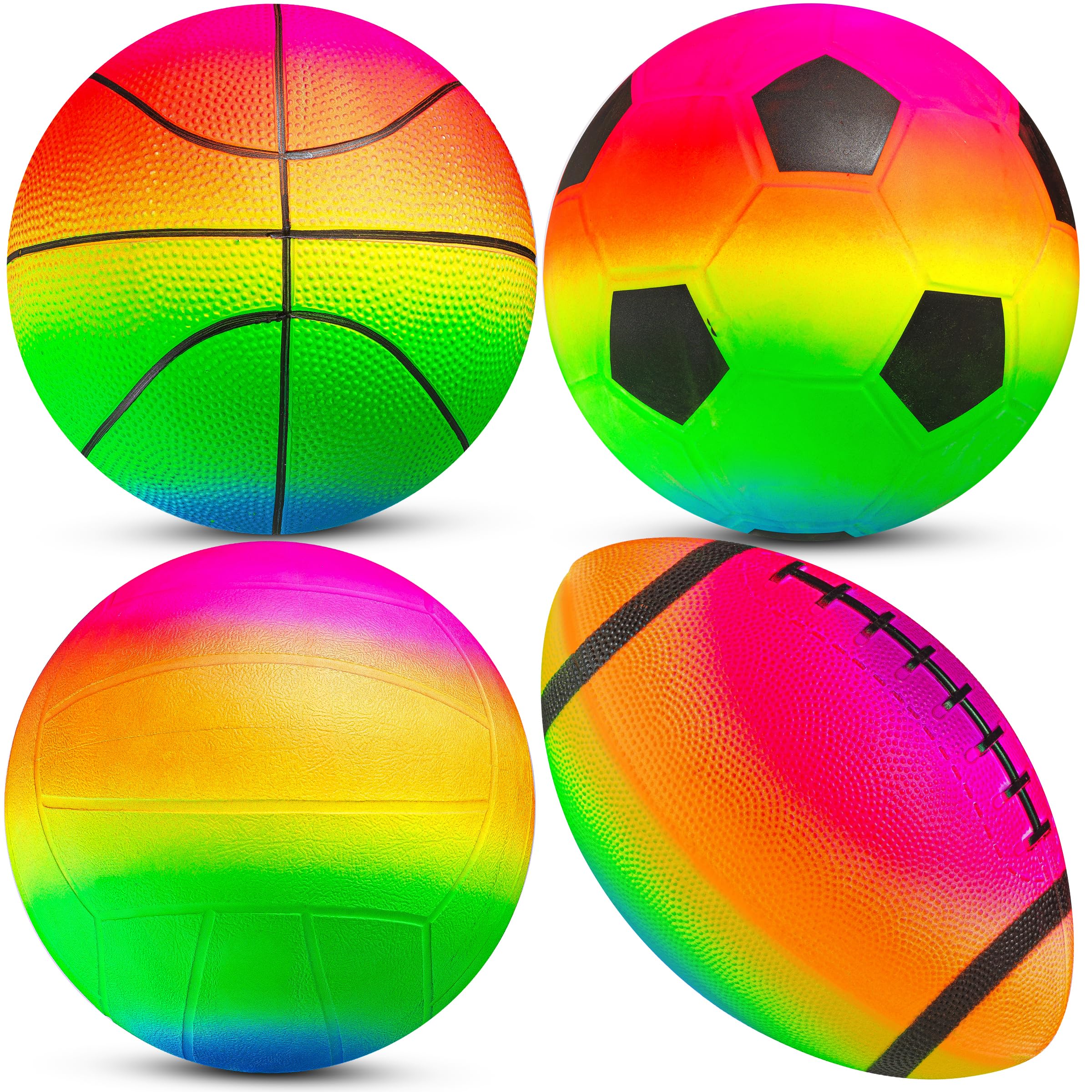 Rainbow Sports Balls for Kids & Toddlers - (Pack of 4) 8.5-Inch Neon Sport Ball Set Includes Football, Soccer, Basketball, & Playground Balls, Inflatable Indoor & Outdoor Fun Toys - Hand Pump Included