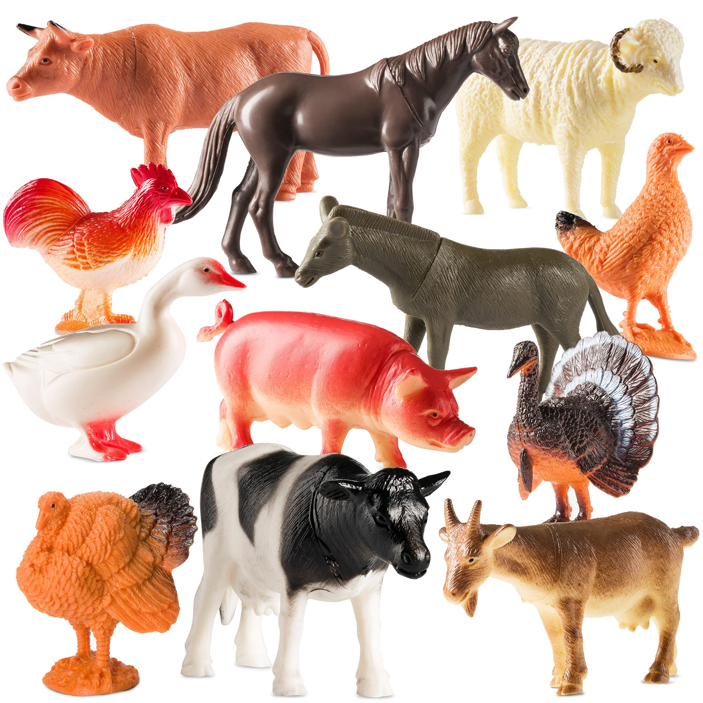 Bedwina Farm Animal Toys - Pack of 12 - Plastic Farm Animals for Kids, Realistic 3-5 Inch Ranch / Barnyard Toy Figures Styles Include Sheep, Horse, Goat, Duck, Chicken, Turkey, Cow, Pig