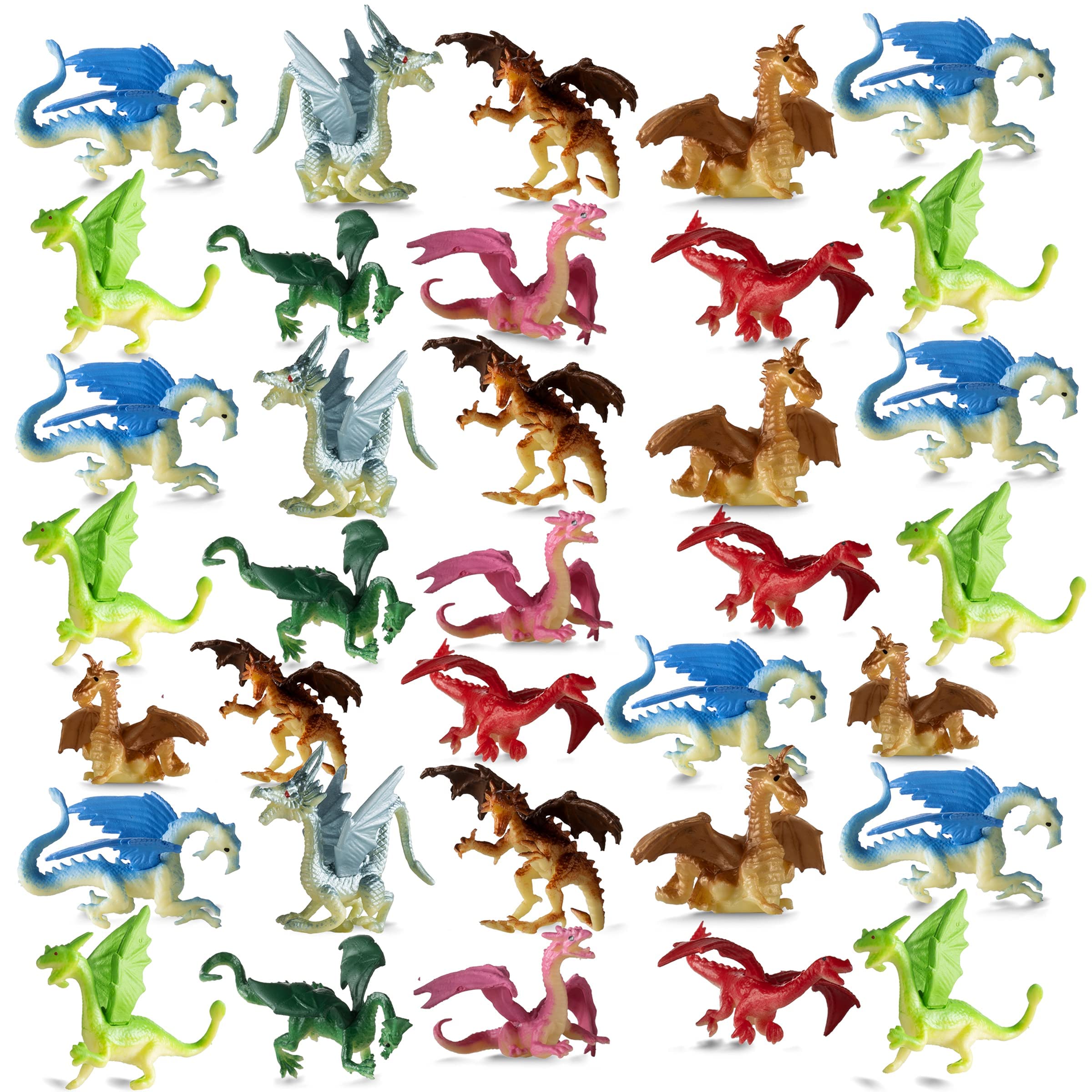 Bedwina Mini Dragon Toy Figures - (Pack of 12) 2 Inch Plastic Rubbery Dragon Figurines in Assorted Colors and Styles - Kids Toys for Birthday Party Favors, Decorations, Cupcake Toppers and Piñatas