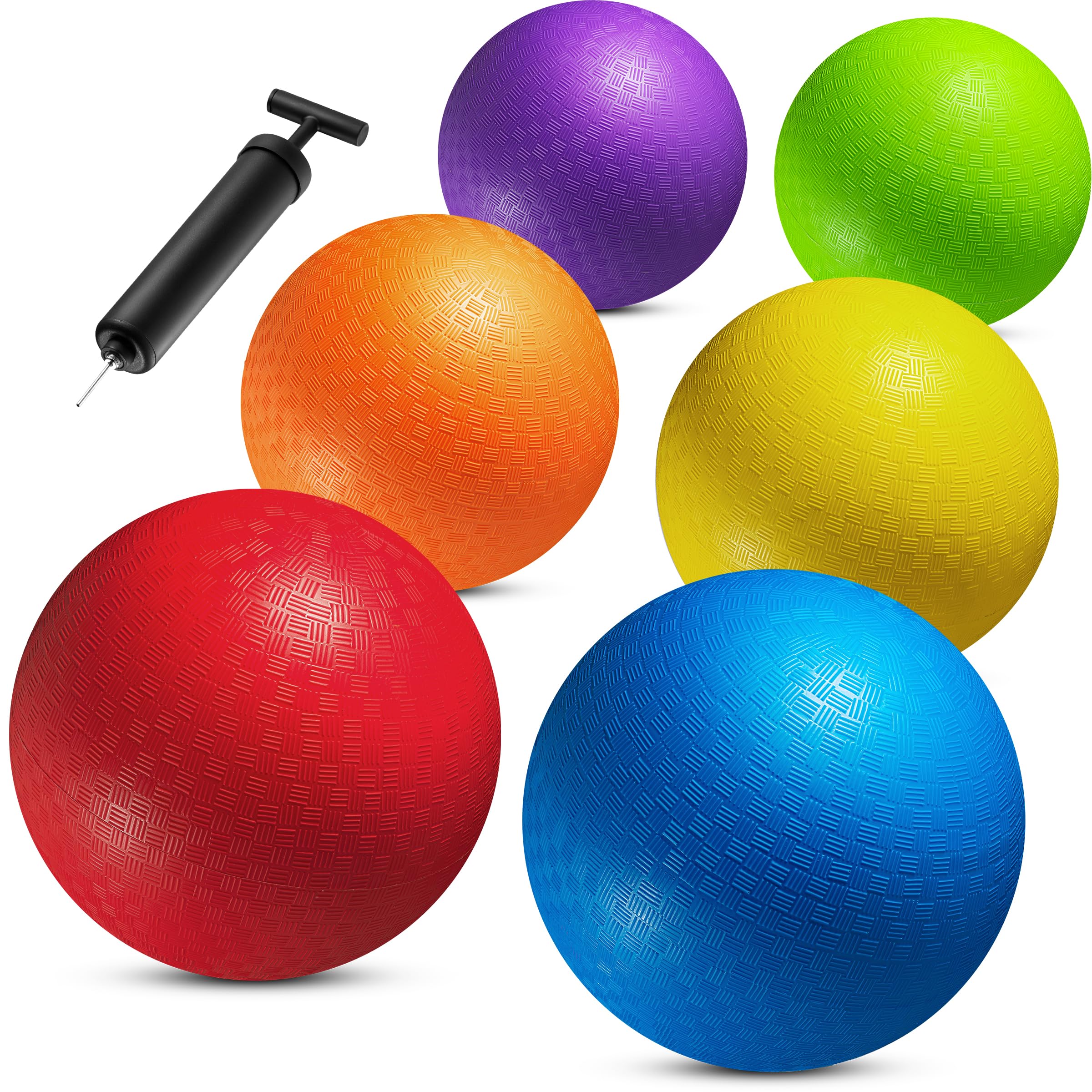 10 Inch Kickball Playground Balls - (Pack of 6) Inflatable Rubber Indoor Outdoor Bouncy Balls for Adults & Kids - Dodgeballs, Kickballs, Four Square and Handballs for School, Gym, with Hand Pump
