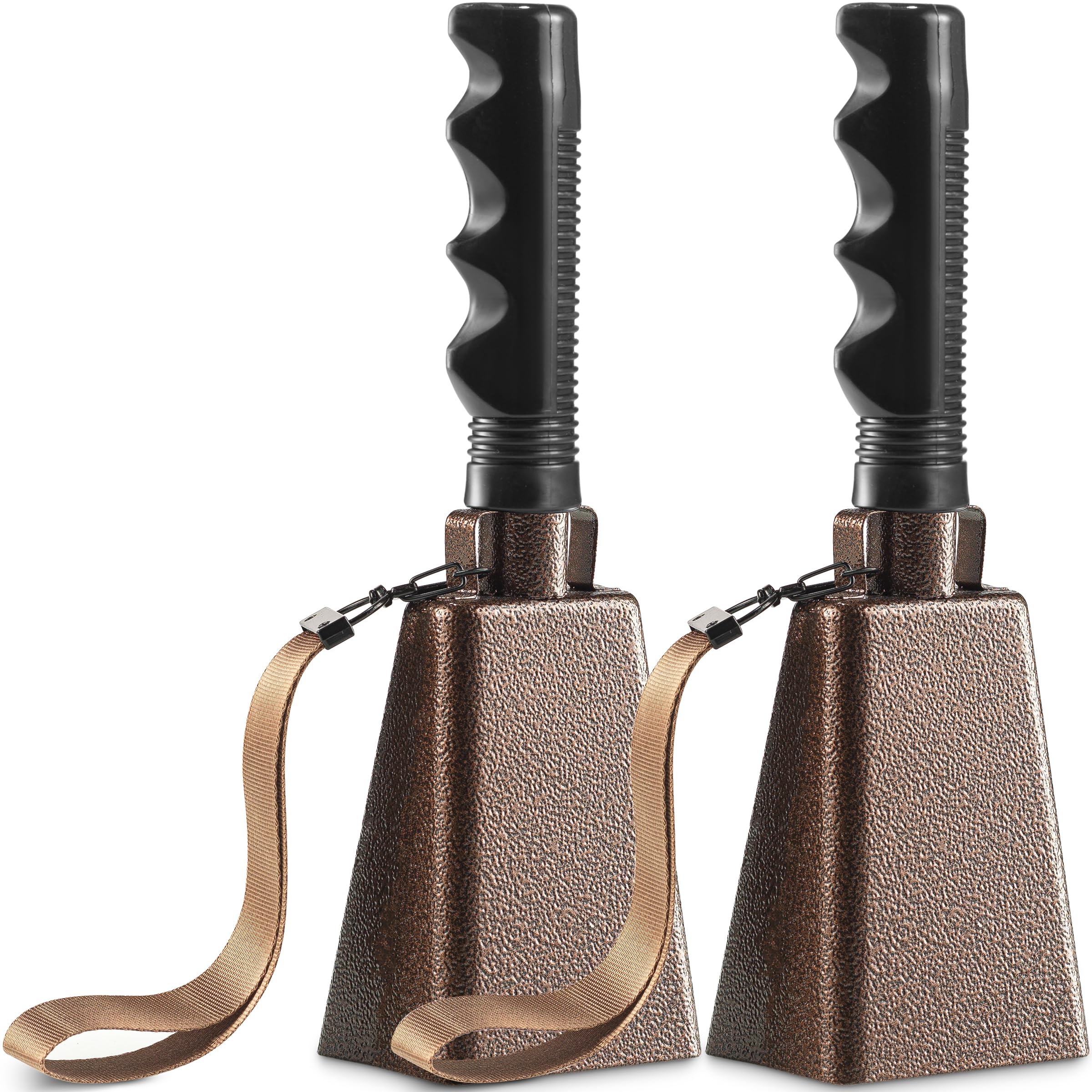9" Metal Cowbells with Handle - (2 Pack) Cow Bells Loud Cheering Noise Makers for Sporting Events, Football Games, School Spirit, Rallies & Celebrations - Copper Steel Percussion Music Instrument